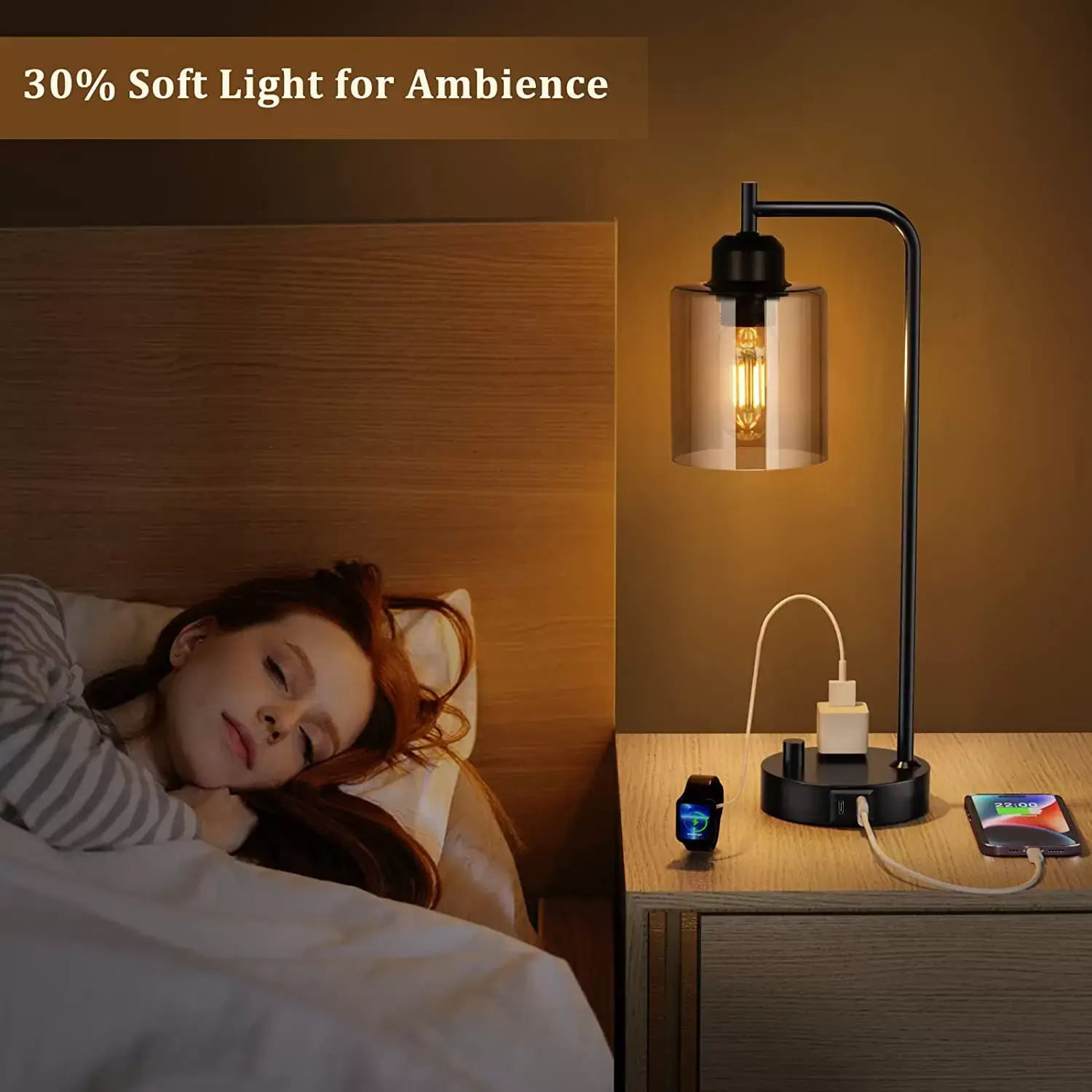 Industrial Bedside Table Lamp for Bedroom - Nightstand Lamps with USB C Charging Port, Fully Dimmable Black Lamps with USB Ports and Outlets, Small Desk Lamp with Glass Shade for Office Living Room