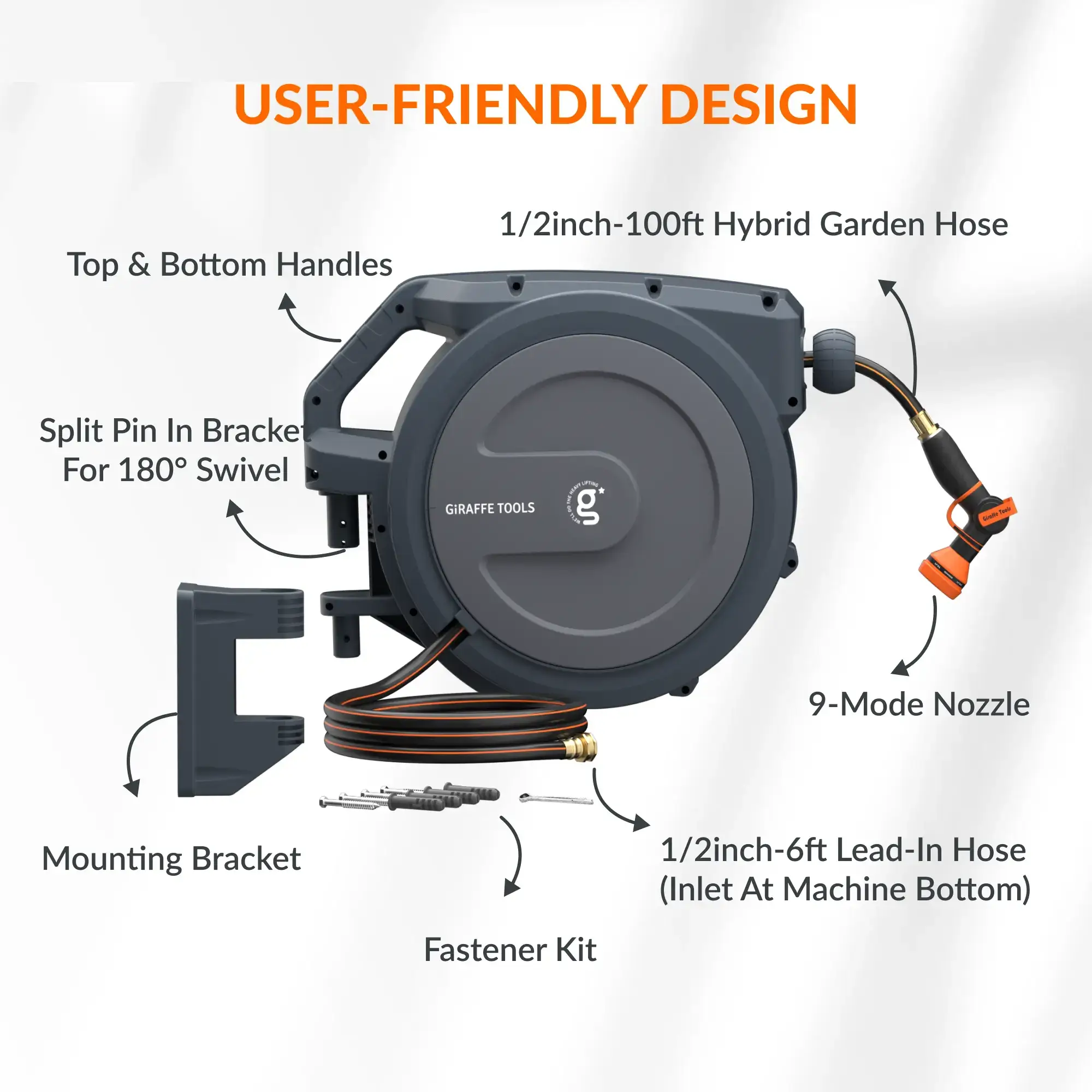 Giraffe Tools Tangle-Free Kink-Free Retractable Hose Reel 90ft-130ft AW Series Outdoor with DS Trigger Mechanism & G-Self-Layering System Adjustable Nozzle