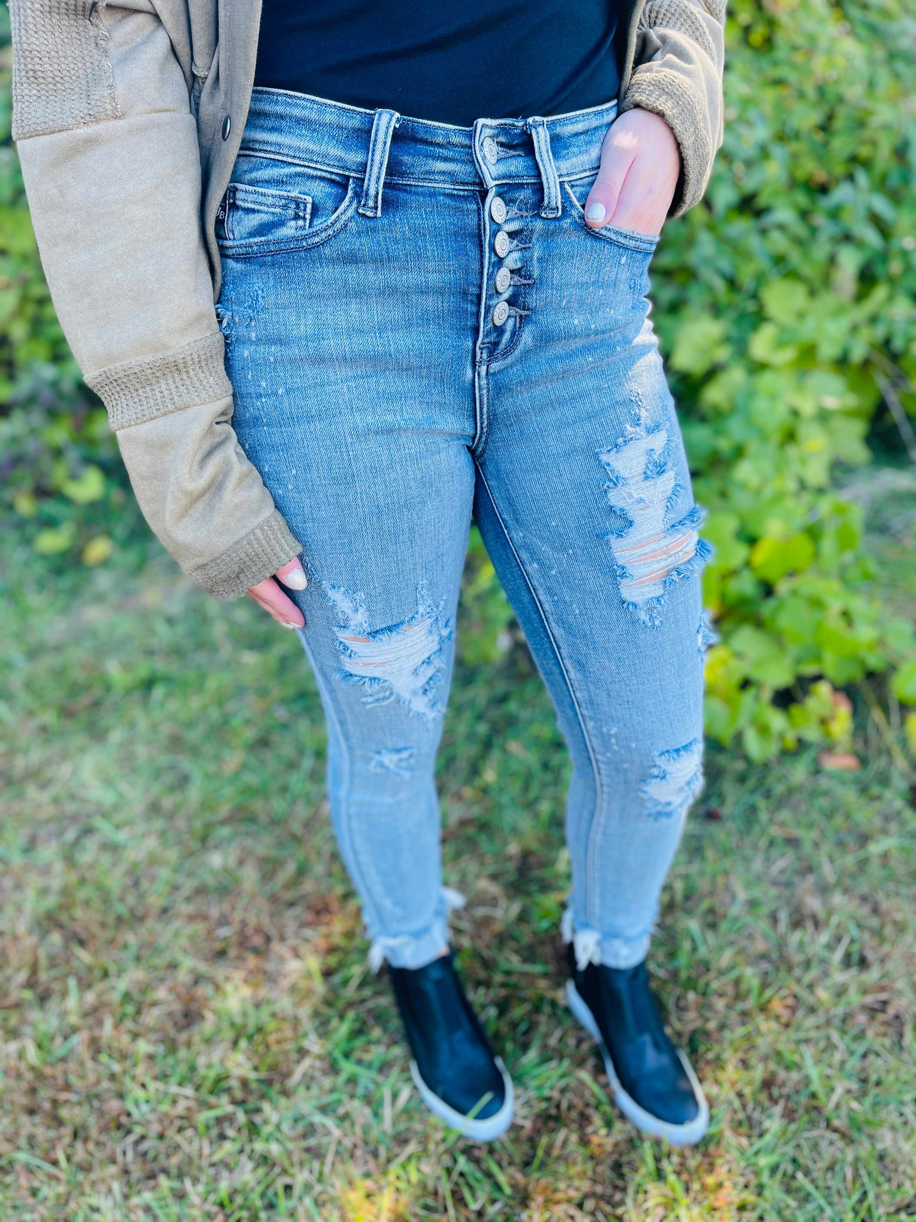 RESTOCK PLUS/REG Not A Basic Bleach Splatter Button Fly Skinny Jeans