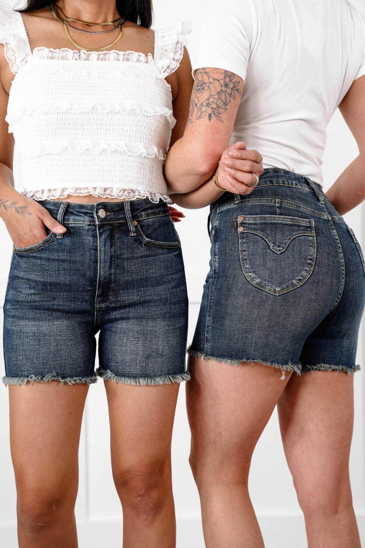 🔥2025 Hot Trend🔥Judy Dark Wash Tummy Control Fray Hem Shorts with Shield Back Pockets