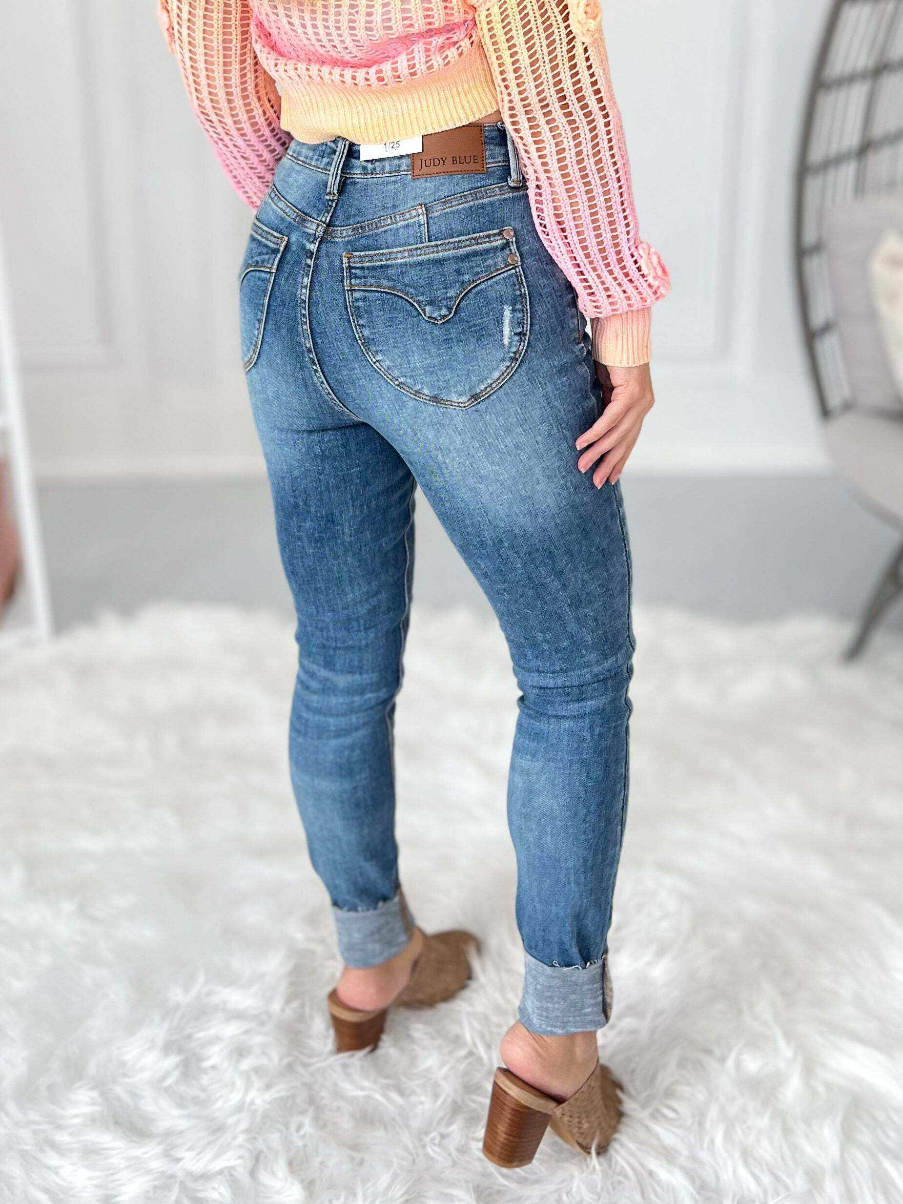 Georgia Peach - Christmas Tummy Control Shield Pocket Skinny Jeans- Final Sale