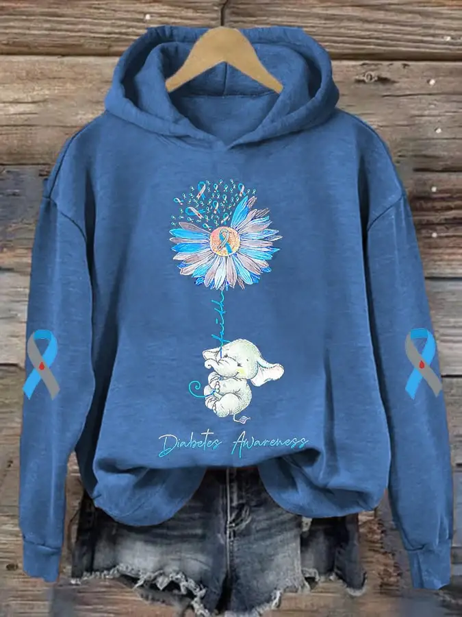Women's Diabetes Awareness Faith Elephant Ribbon Print Hoodie