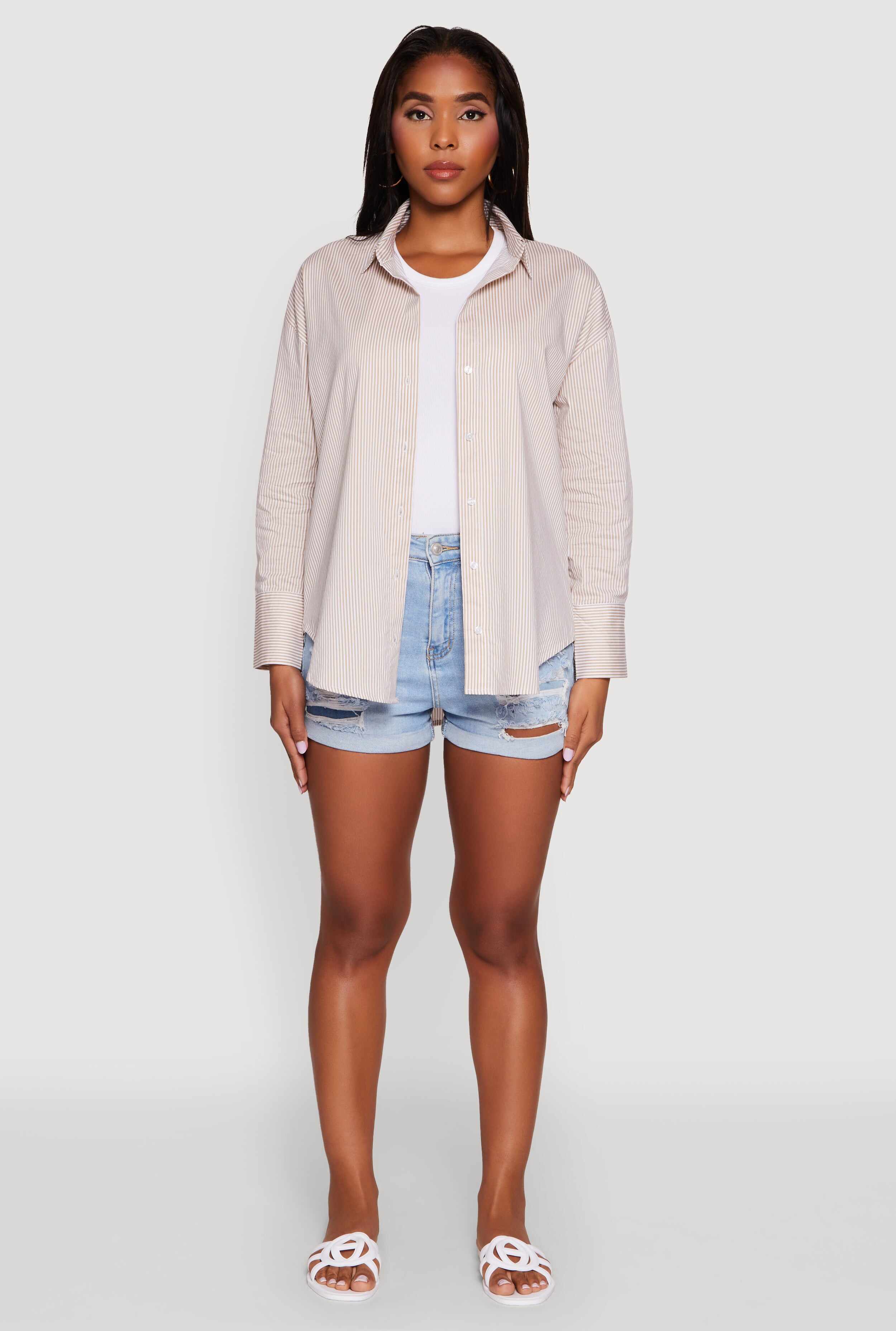 Pinstripe Button Front Long Sleeve Shirt