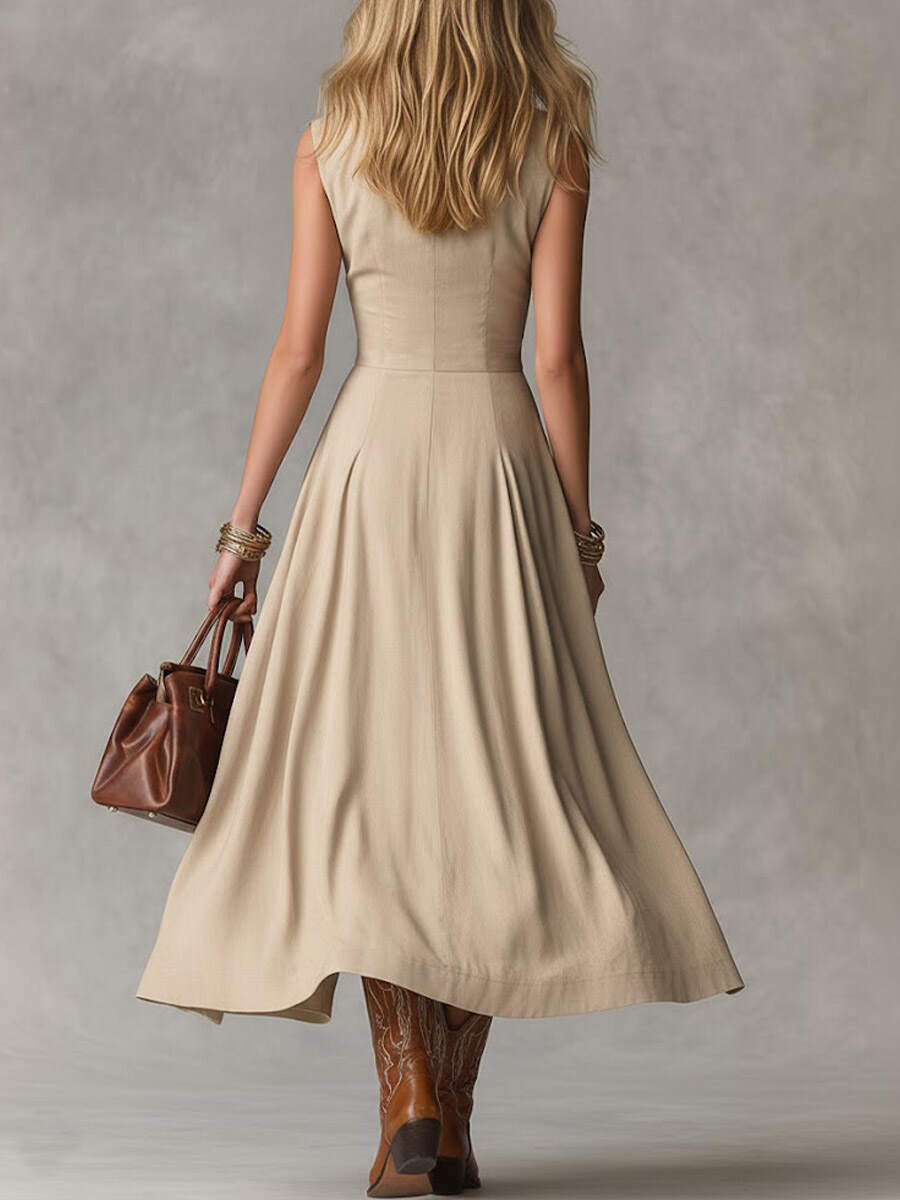 🔥Summer Arrivals🌟Women's Solid Color Collared Sleeveless Casual Loose Cotton Linen Dress