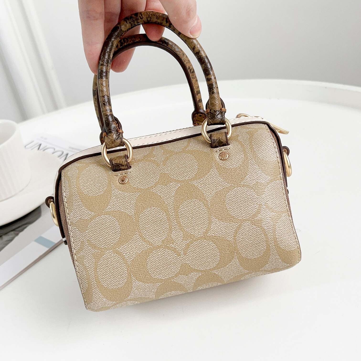 Mini Rowan Boston Bag – Signature Print with Leather Trim | Crossbody Shoulder Handbag with Removable Strap
