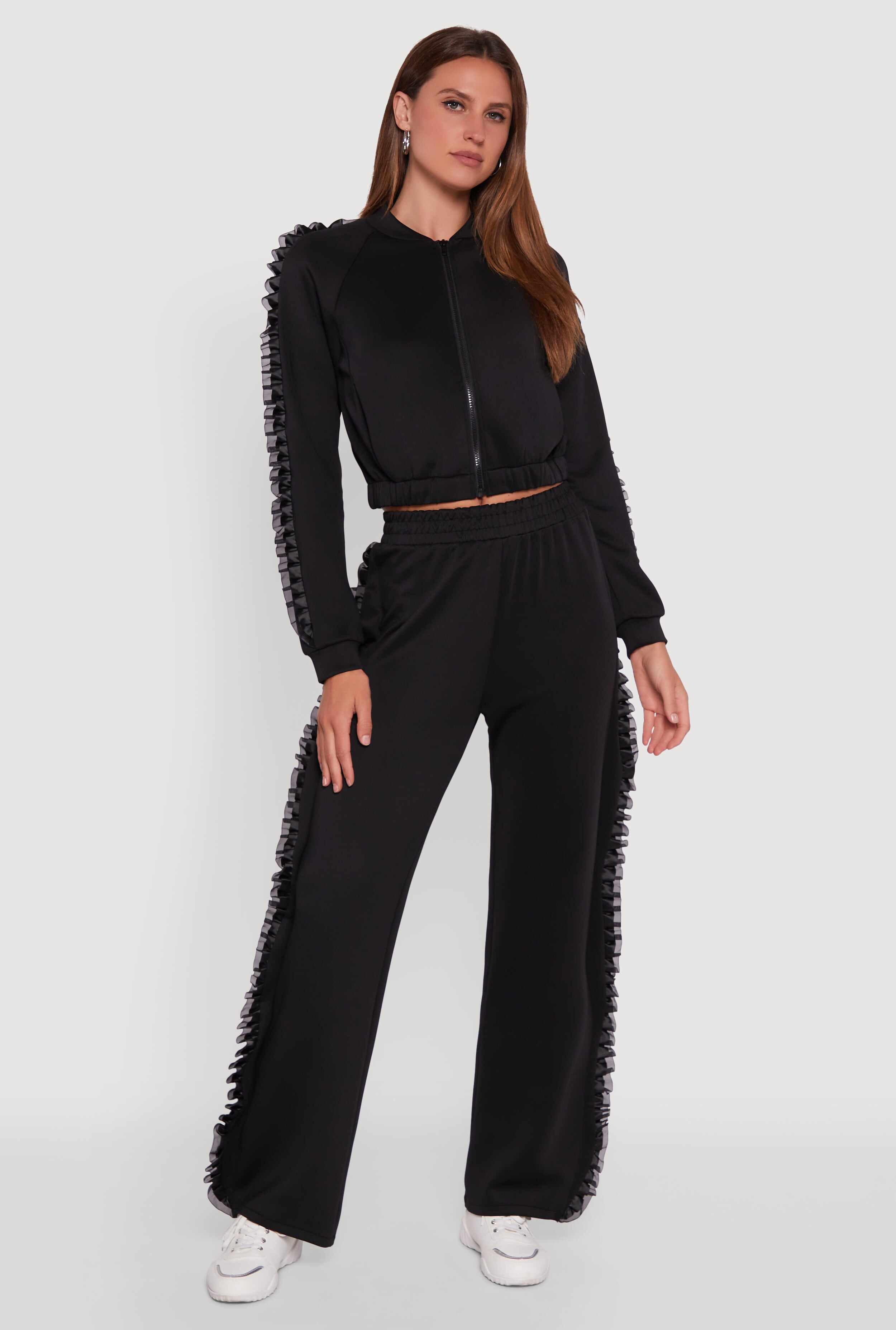 High Waisted Ruffle Trim Flare Leg Pants