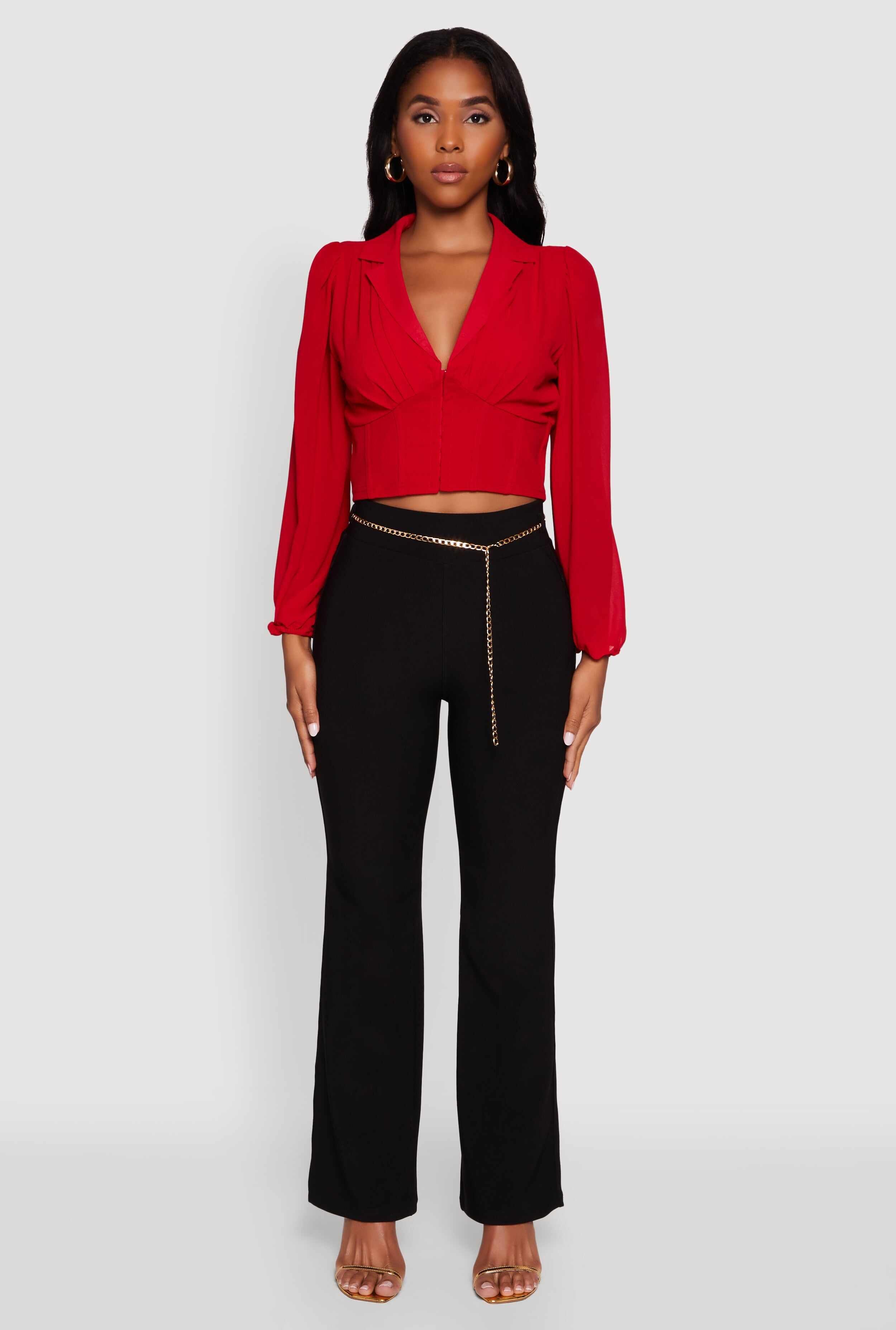 High Waisted Flare Leg Scuba Pants with Metallic Chain Belt