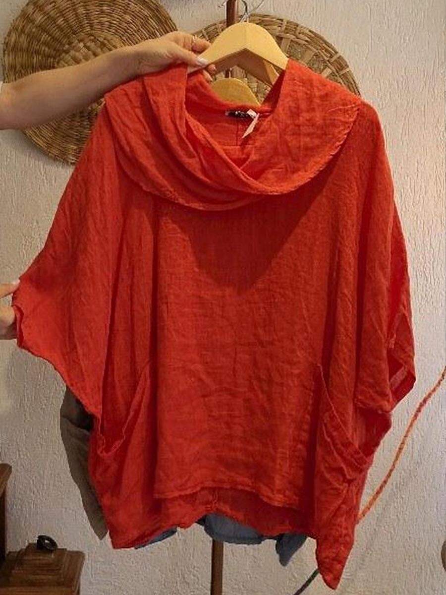 🔥Summer Arrivals🌟Women's Solid Color Draped Neck 3/4 Sleeve Comfortable Casual Linen Pocket Top