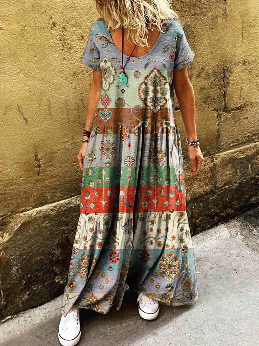 Women's Vintage Ethnic Patchwork Art Print Pocket Short Sleeve Cotton Dress