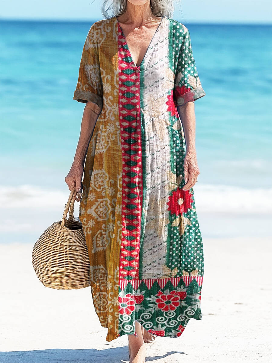 Women's Vintage Floral Patchwork Art Print Pocket Cotton Dress