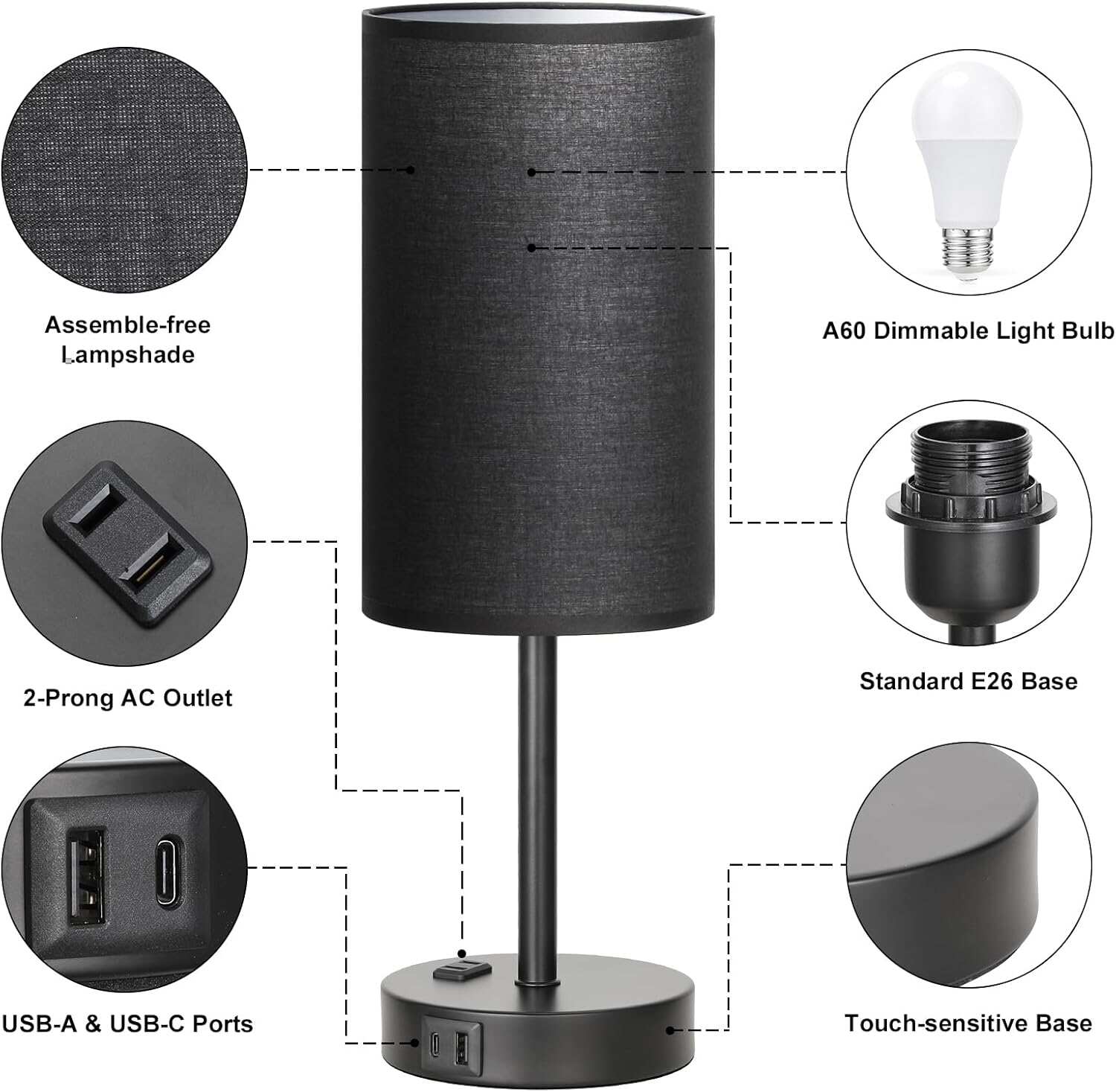 Bedside Table Lamp for Bedroom - 3 Way Dimmable Touch Lamp USB C Charging Ports and AC Outlet, Small Lamp Wood Base Round Flaxen Fabric Shade for Living Room, Desk, LED Bulb Included