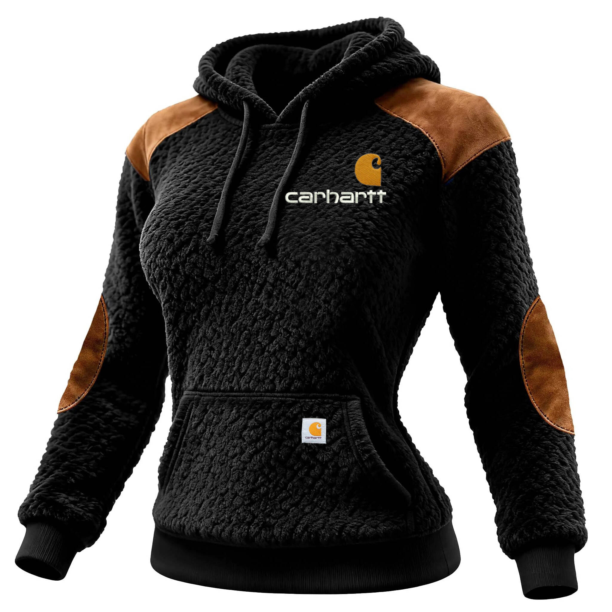 Women's Vintage Black Polar Fleece Panel Suede Pocket Hoodie