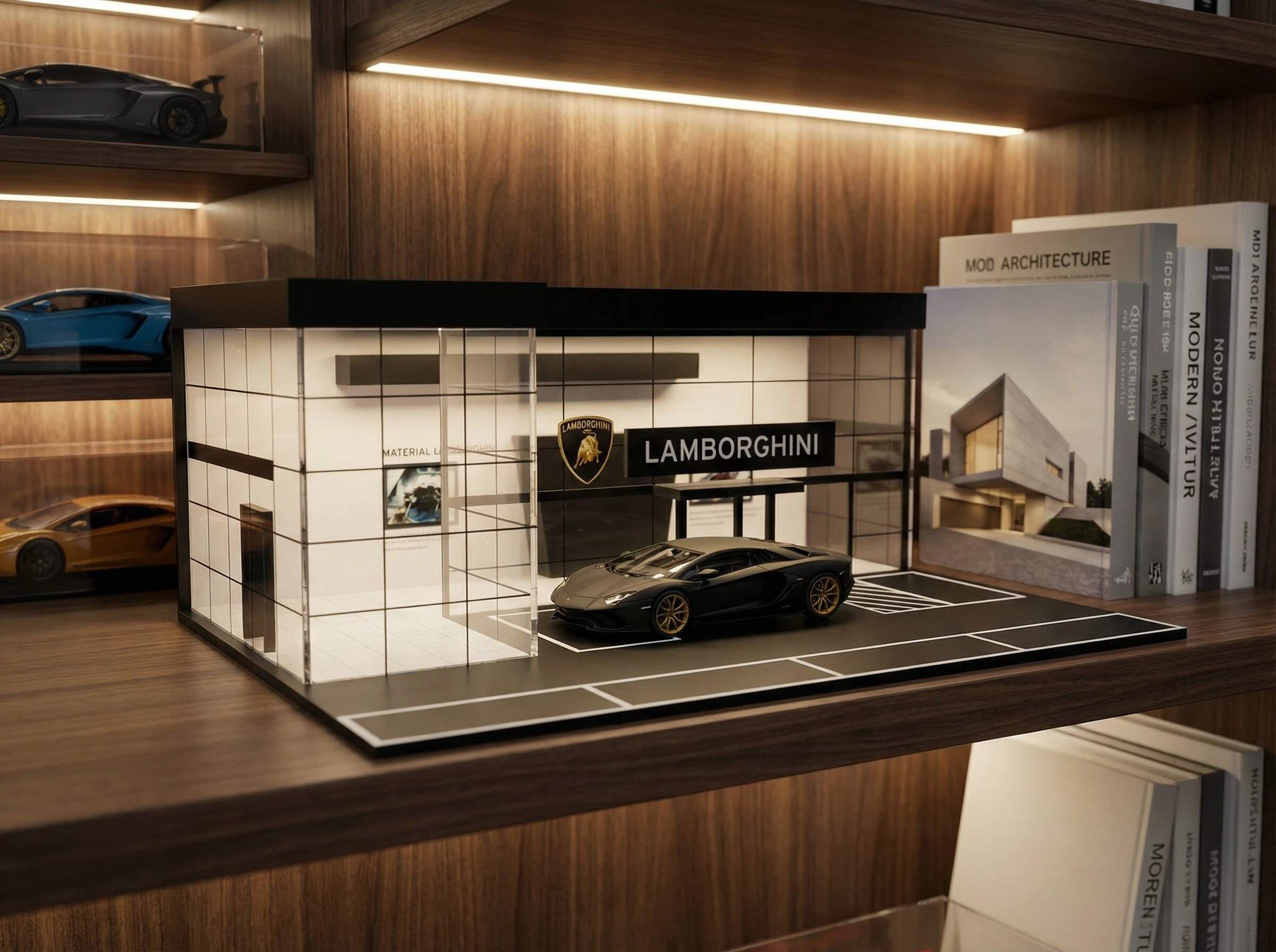 1:64 Scale Supercar Showroom Diorama Display Case – Modern Dealership Scene for Diecast Cars