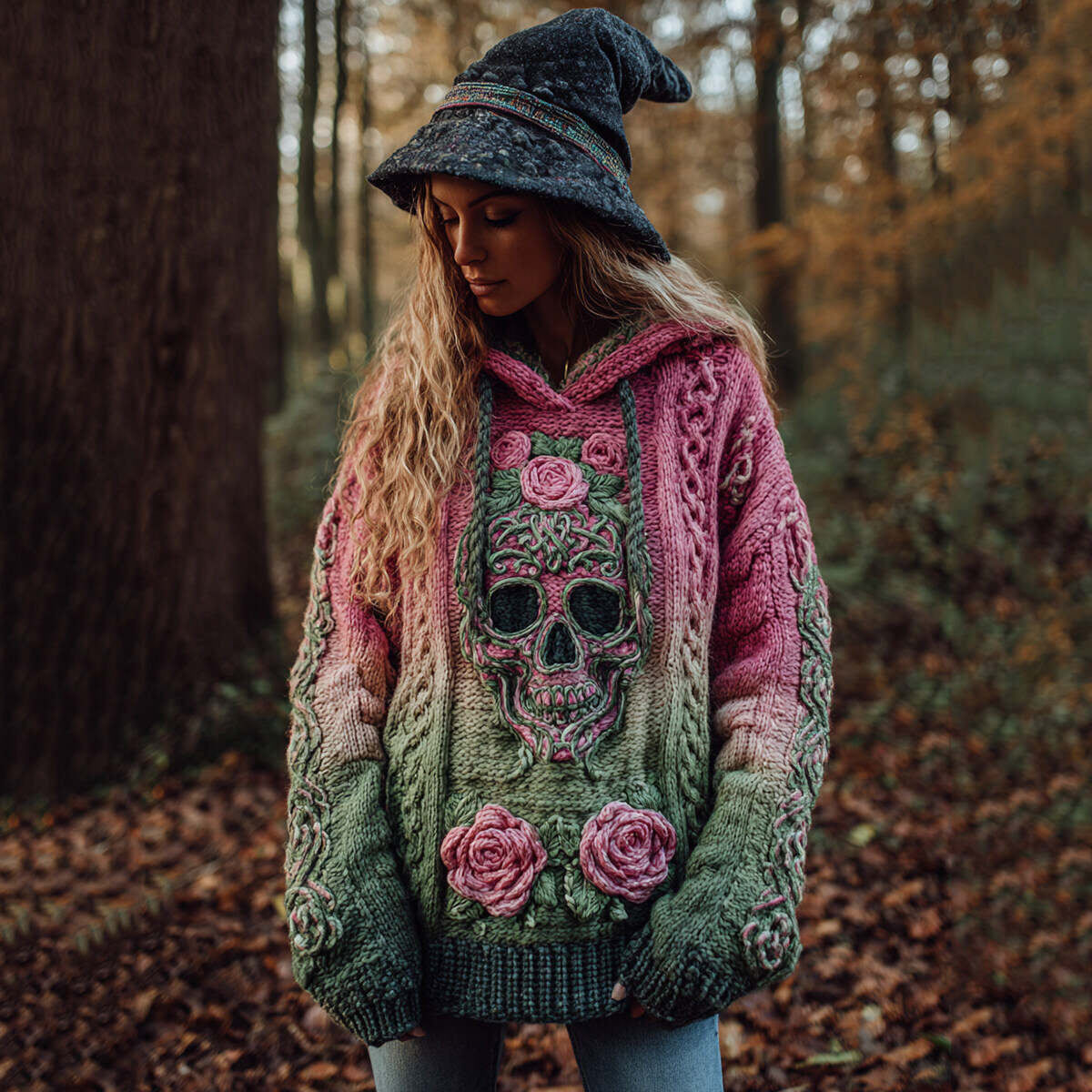 Women's Viking Tribal Jacquard Celtic With Rose And Skull Inspired Chunky Knit Hooded Sweater