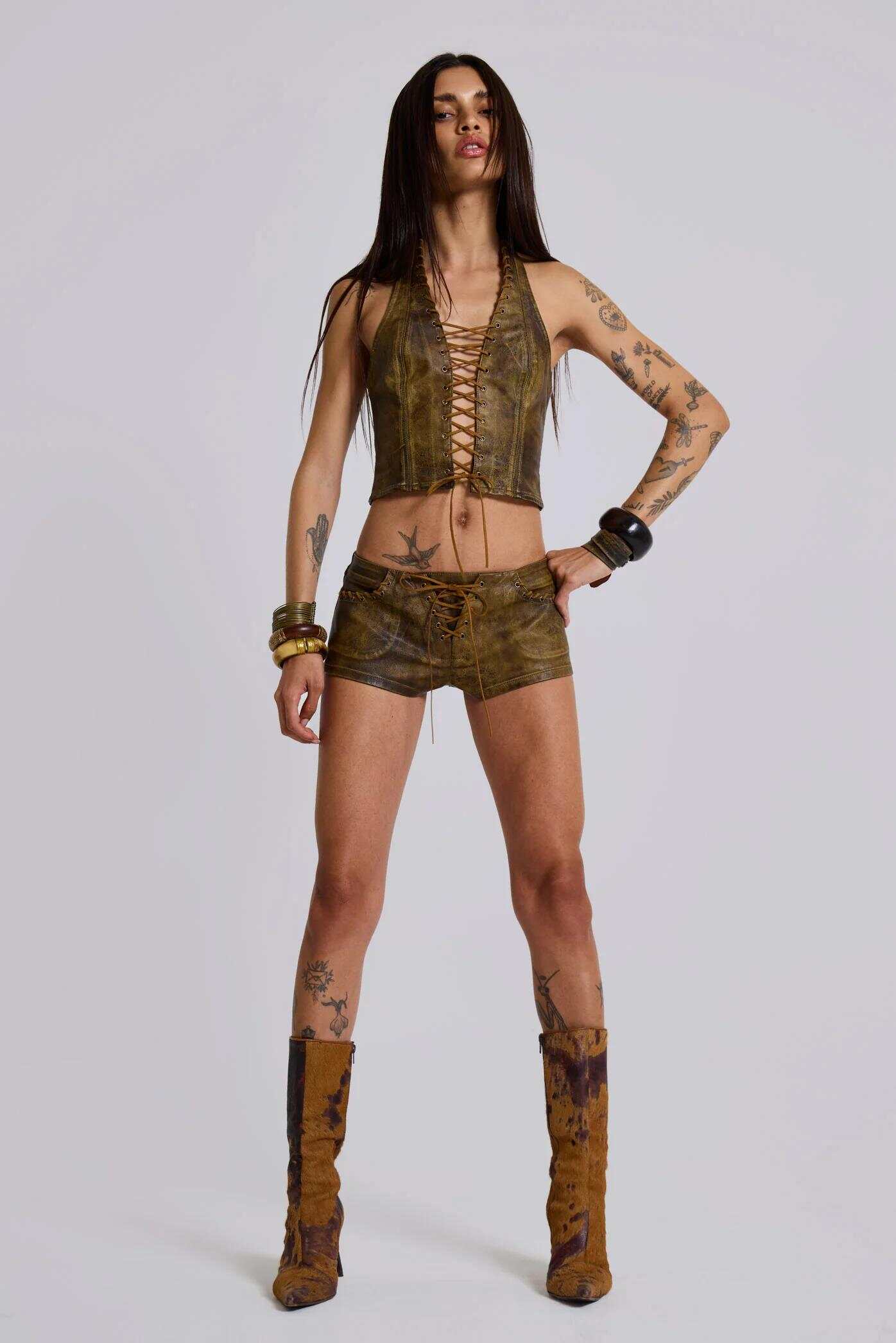 Vaca Whipstitch Faux Leather Mini Shorts in Brown