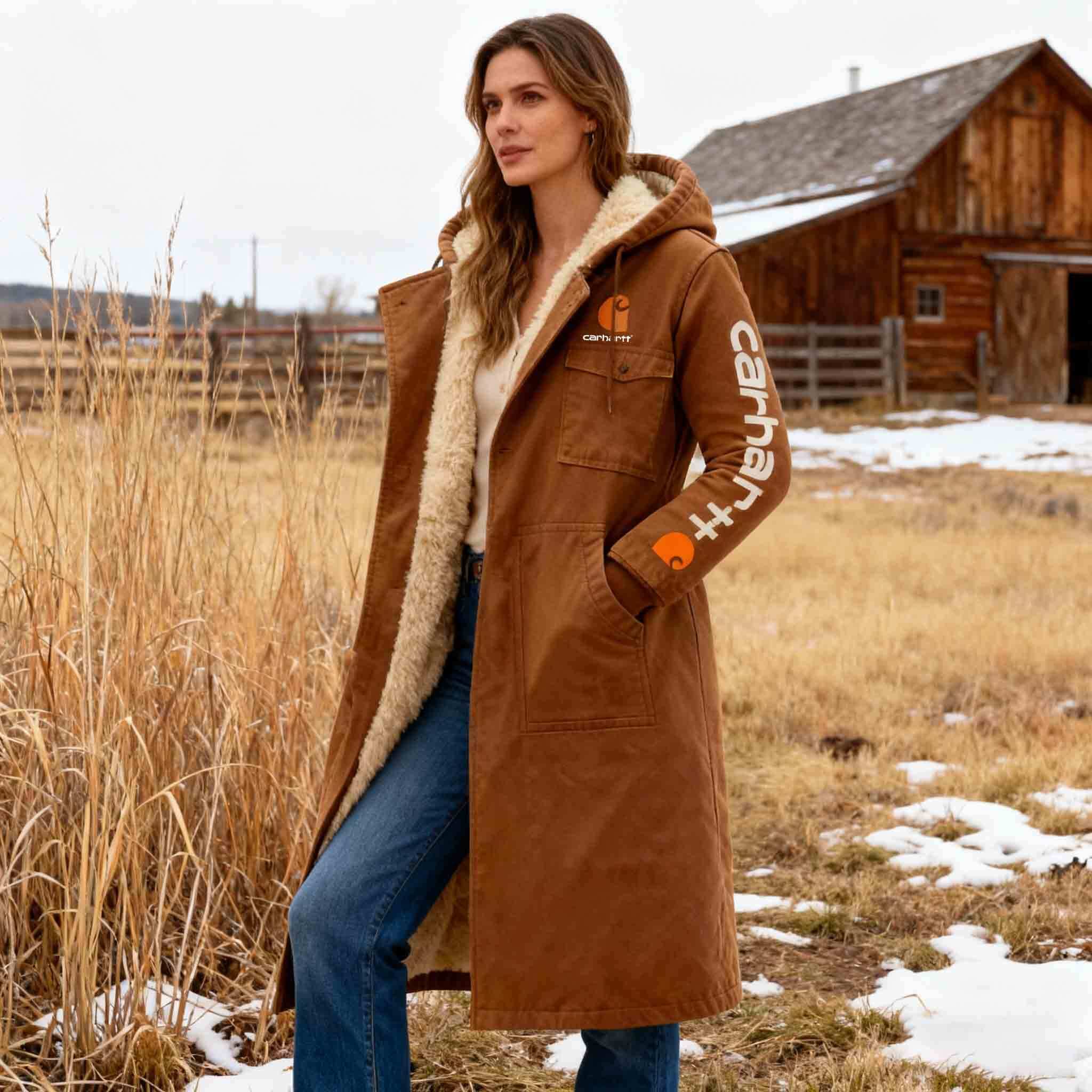 Women's Vintage Brown Workwear Fleece Pocket Long Hooded Coat
