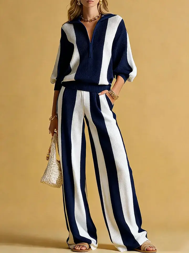 🔥Summer Arrivals🌟Women's Striped Print Cardigan Collar Three-quarter Sleeve Knitted Top And High-waisted Casual Loose Wide-leg Pants Knitted Set.