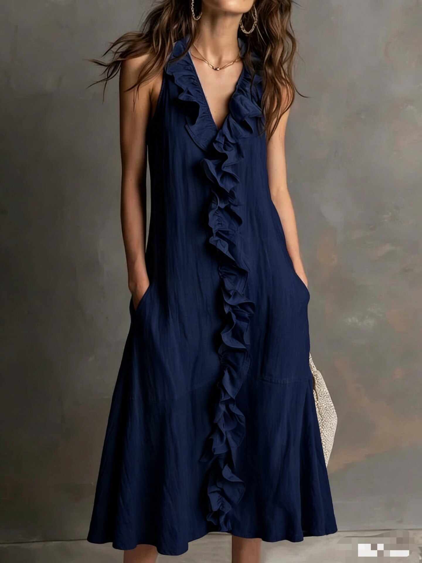 🌿 Ruffle V-Neck Sleeveless Midi Dress