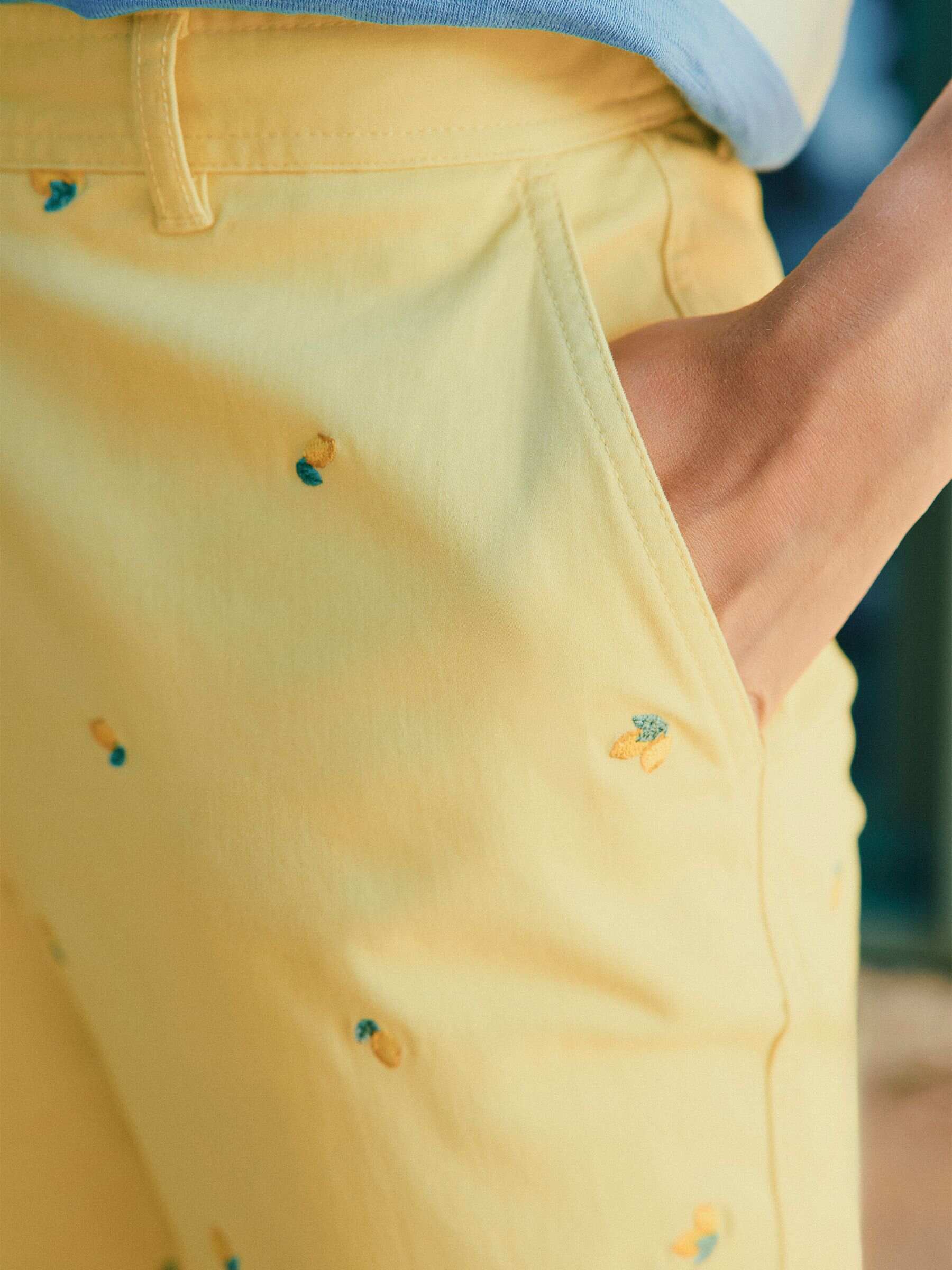 Slim Fit Yellow Lemon Embroidered Chino Trousers