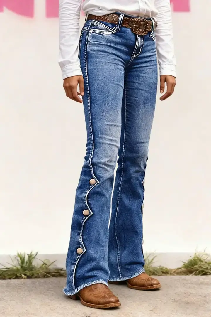 🔥Summer Arrivals🌟Raw Hem Button Side Mid Waist Bootcut Jeans Without Belt