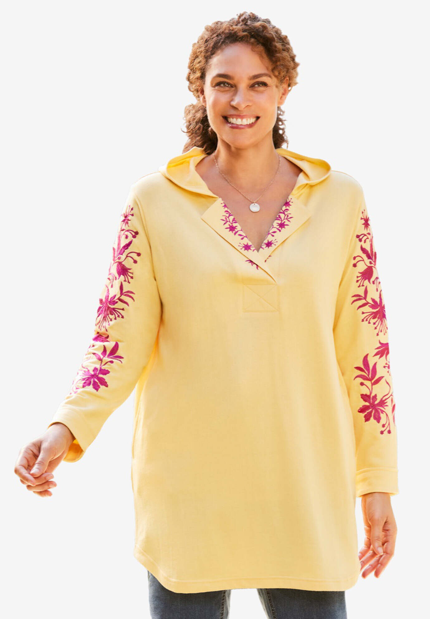 Embroidered Split-Neck Sweatshirt Tunic