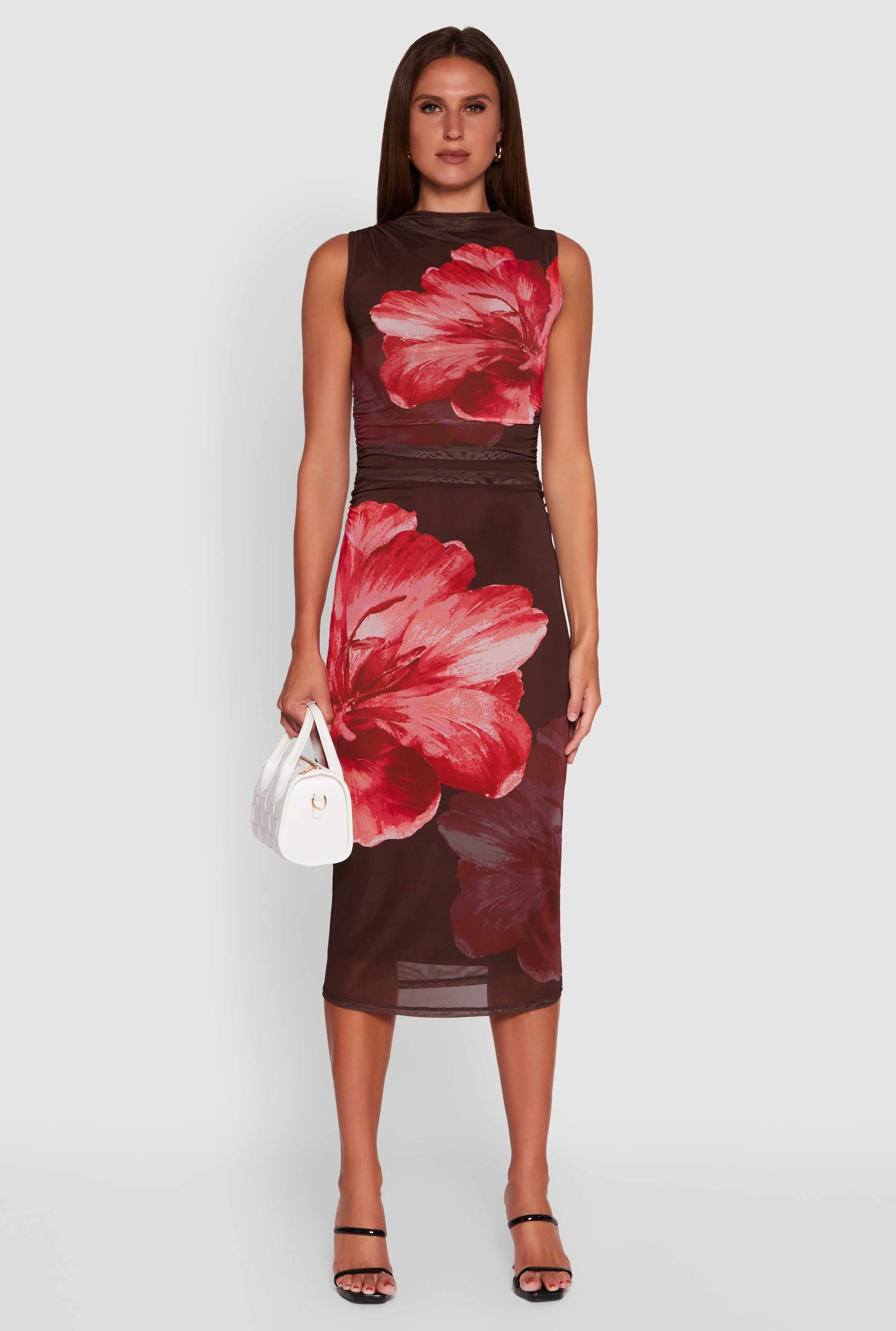 Madden Girl Floral Mesh Ruched Side Midi Dress