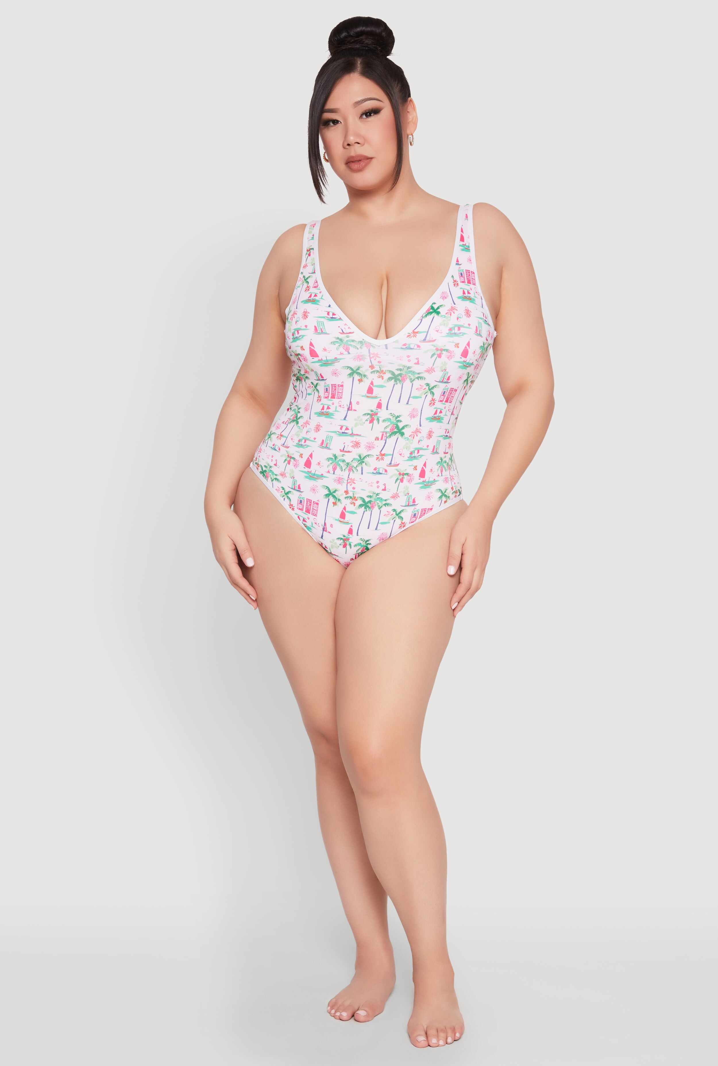 Plus Size Palm Tree Tropical Print One Piece Swimsuit