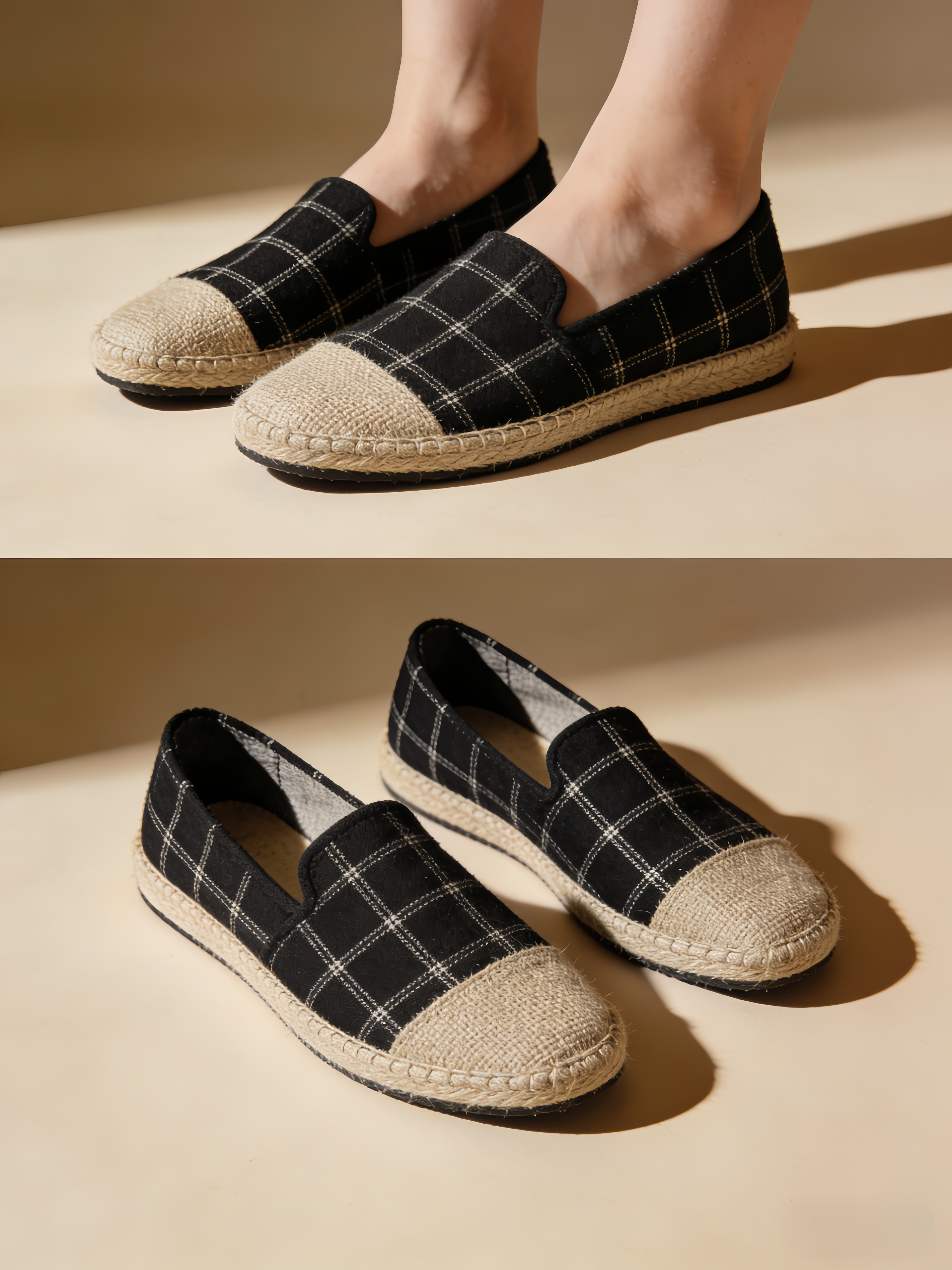 Black Plaid Cotton Linen Patchwork Flat Feet Shoes