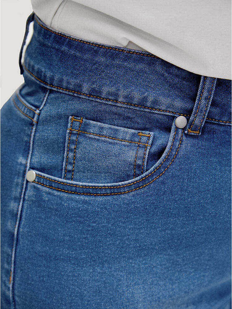 Very Stretchy High Rise Medium Wash Embroidered Cropped Jeans