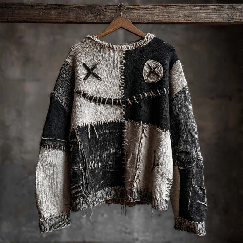 Halloween Monster Face Colorblock Stitched Cozy Knit Sweater