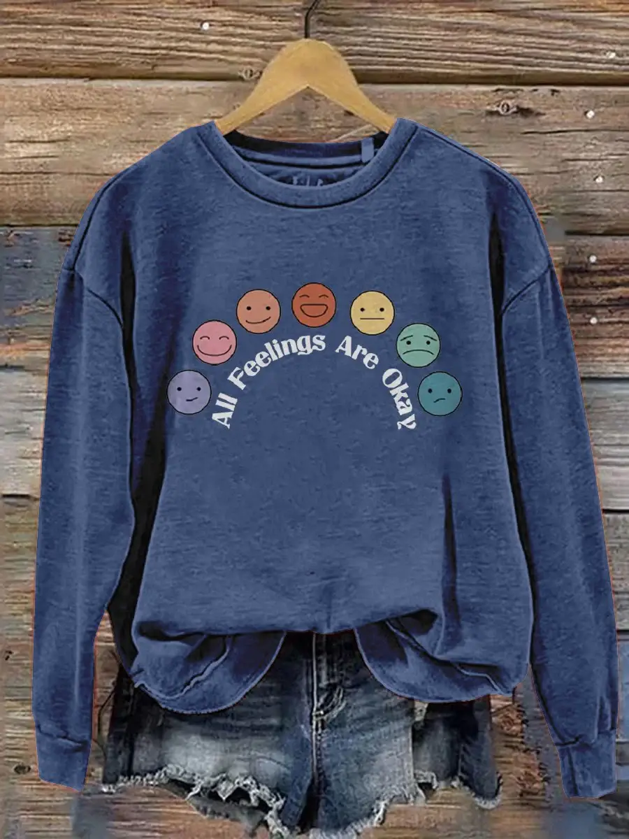 All Feelings Are Okay Mental Health Awareness Pattern Print Casual Sweatshirt