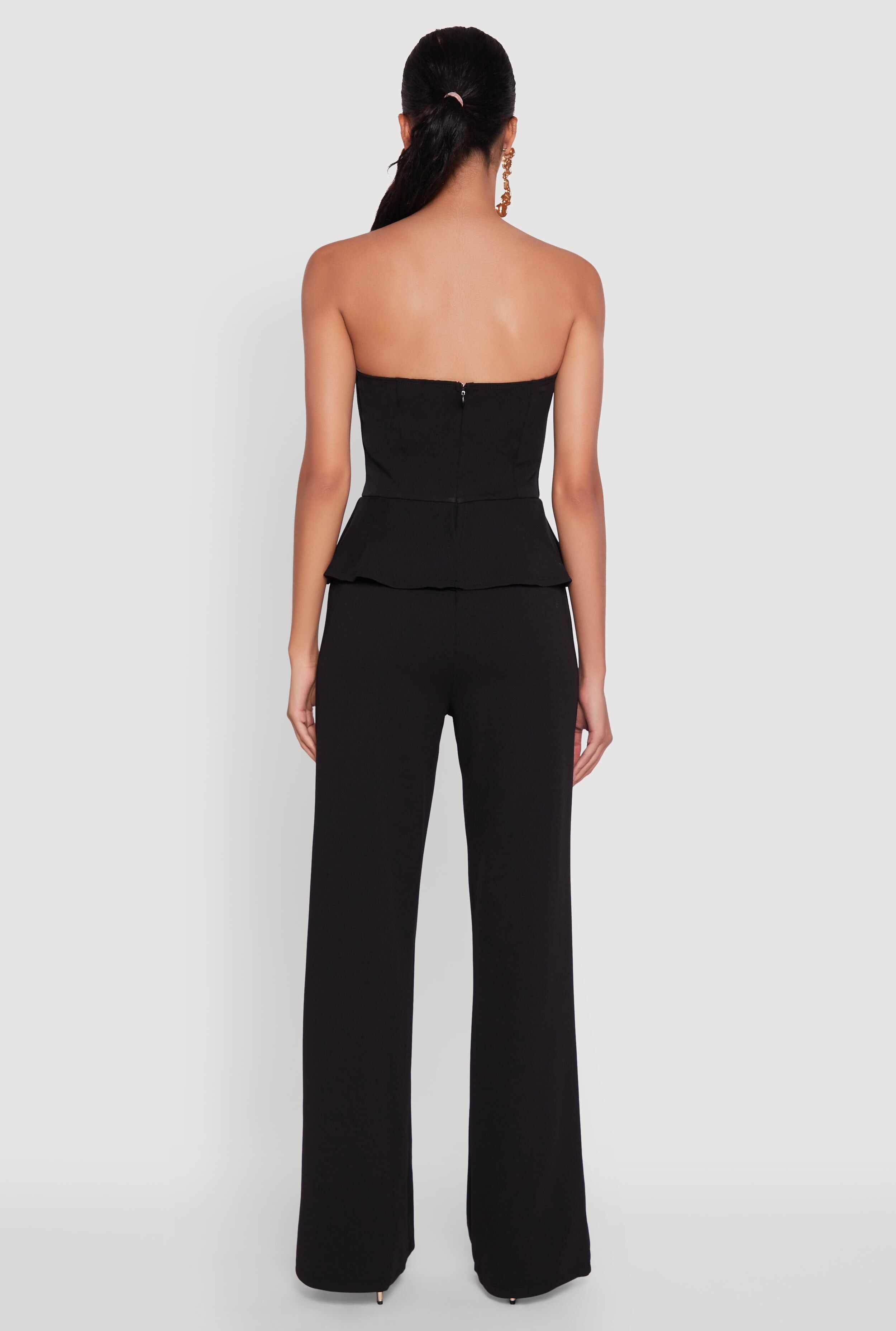 Metallic Button Faux Pocket Peplum Detail Wide Leg Jumpsuit