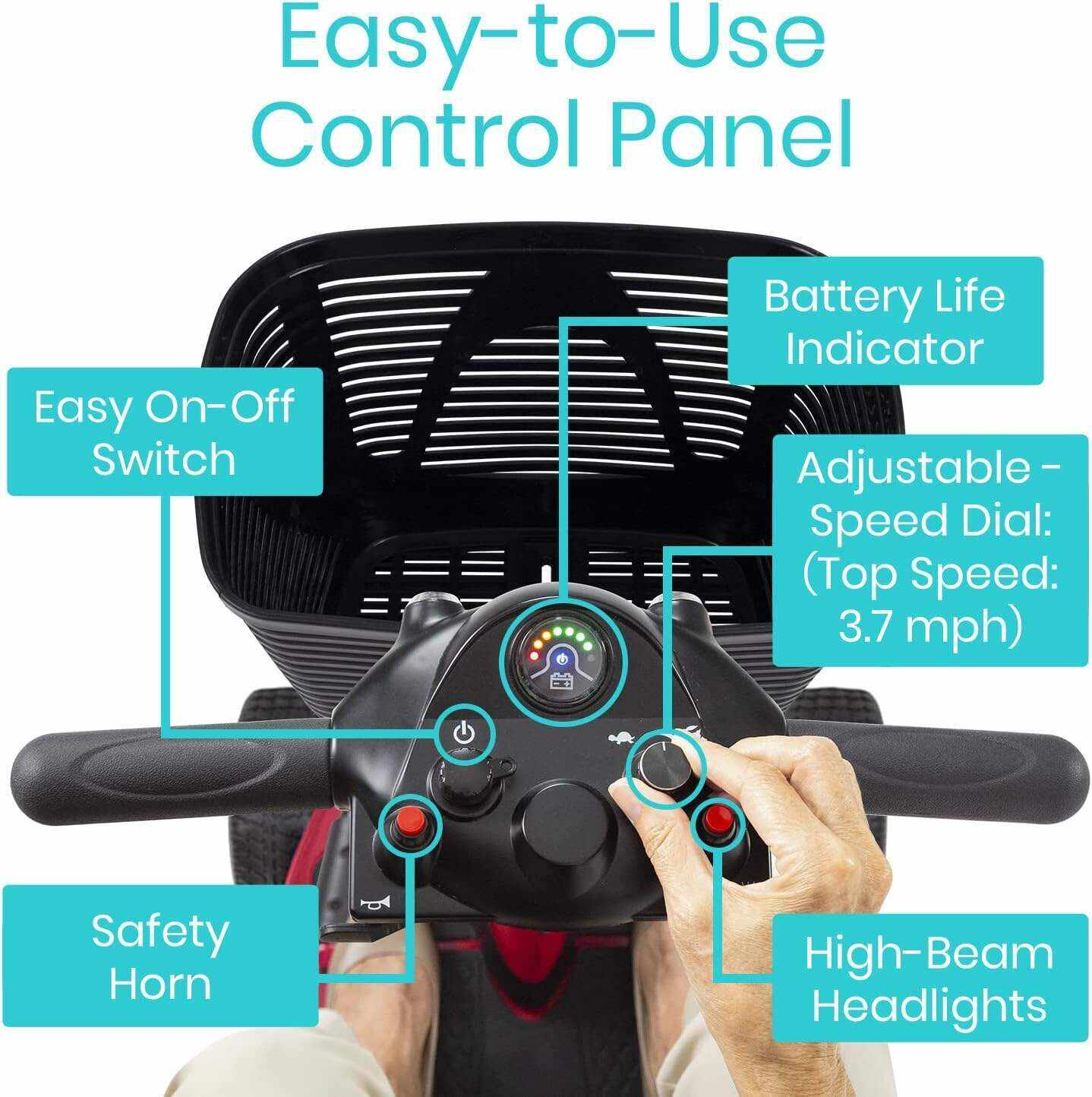 Vive 4 Wheel Mobility Scooter - Electric Powered Wheelchair Device - Compact Heavy Duty Mobile for Travel, Adults, Elderly - Long Range Power Extended Battery with Charger and Basket Included