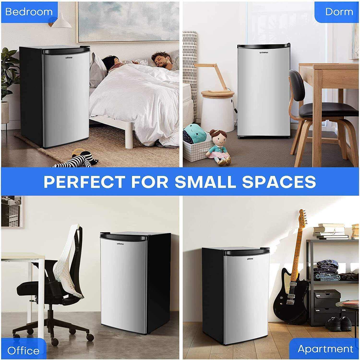 Upstreman 3.2 Cu.Ft Mini Fridge with Freezer, Single Door, Adjustable Thermostat, Refrigerator for Dorm, Office, Bedroom, Black-BR321