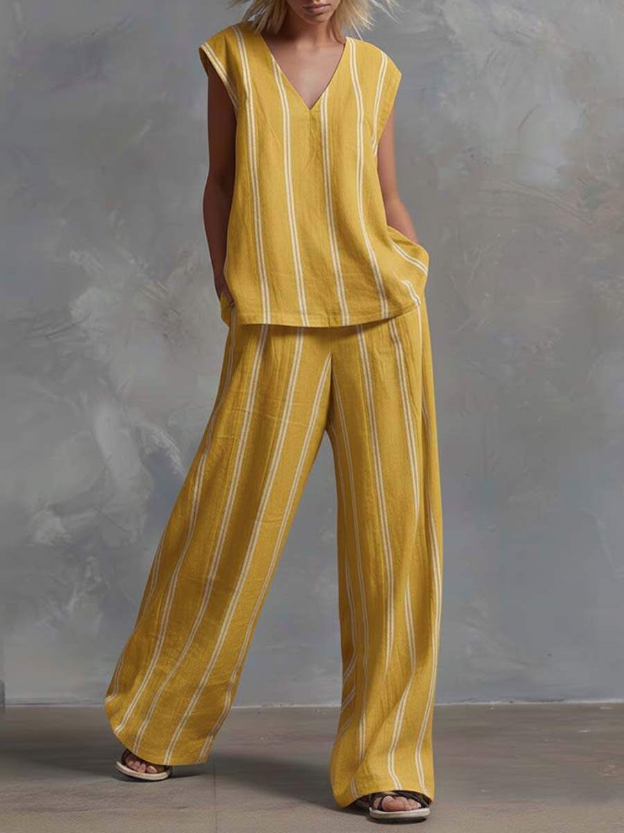 🔥Summer Arrivals🌟Women's V-neck Sleeveless Cotton Top High-waisted Casual Loose Cotton Wide-leg Pants Set
