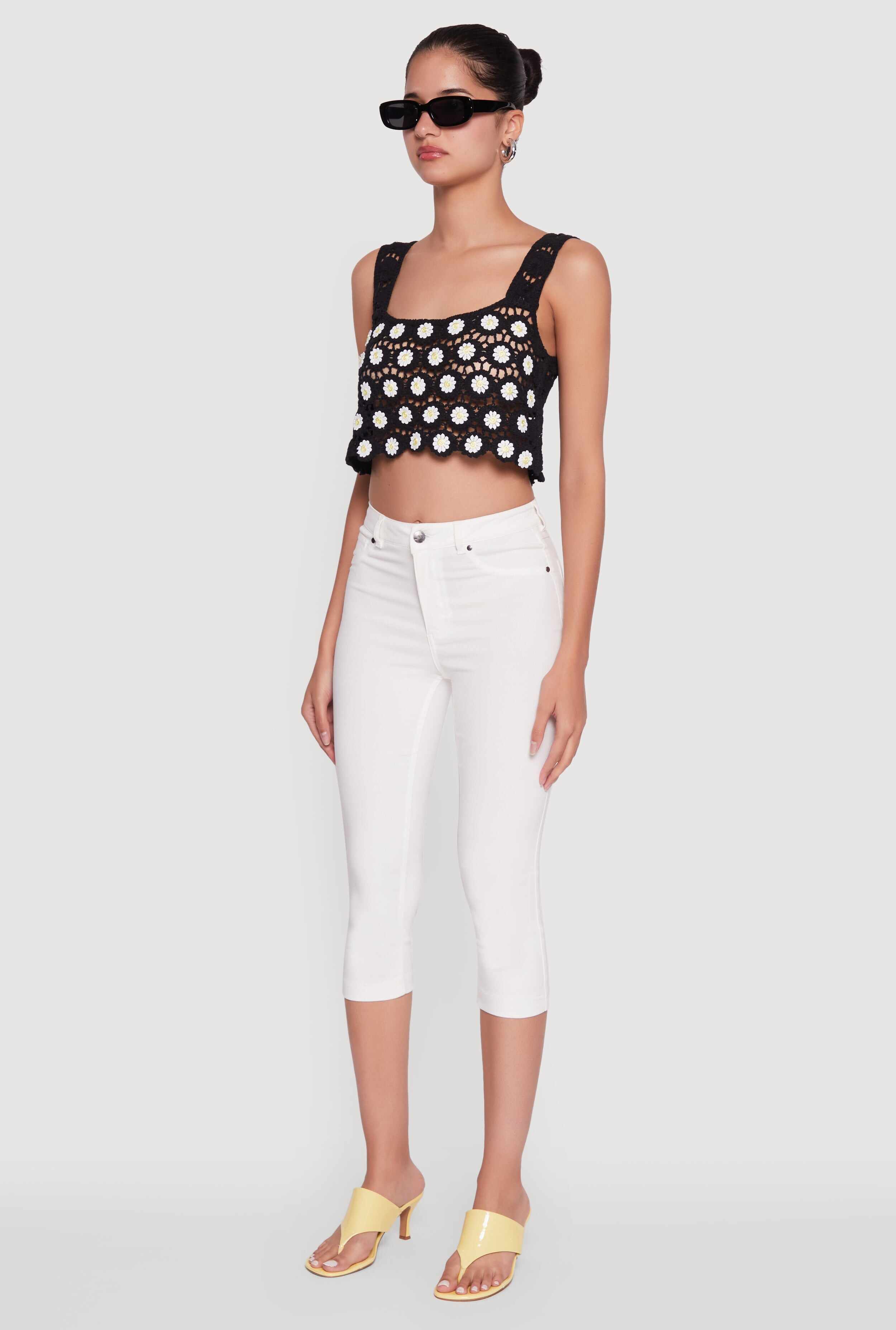 Crochet Daisy Print Sleeveless Crop Top
