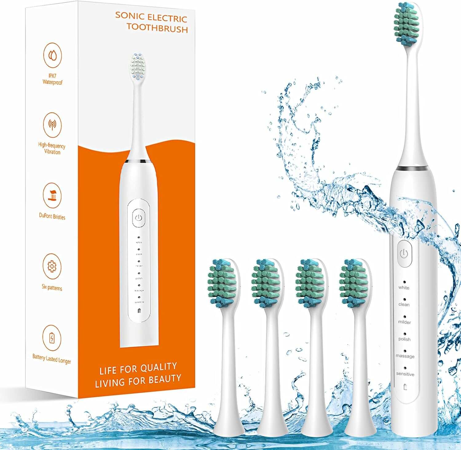 Waterproof Sonic Electric Toothbrush for Adults - 6 Modes with Pressure Sensor, Smart Timer，Rechargeable Toothbrushes with 4 Brush Heads,Whitening & Sensitive Teeth Care