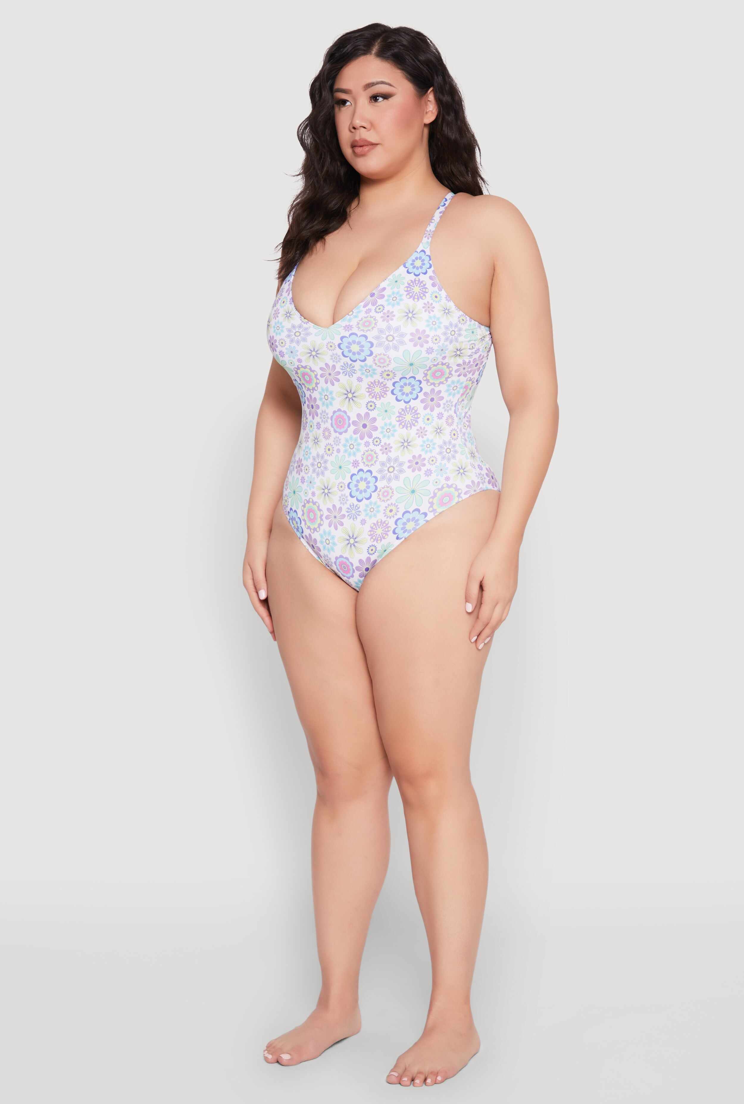 Plus Size Retro Floral V Neck One Piece Swimsuit