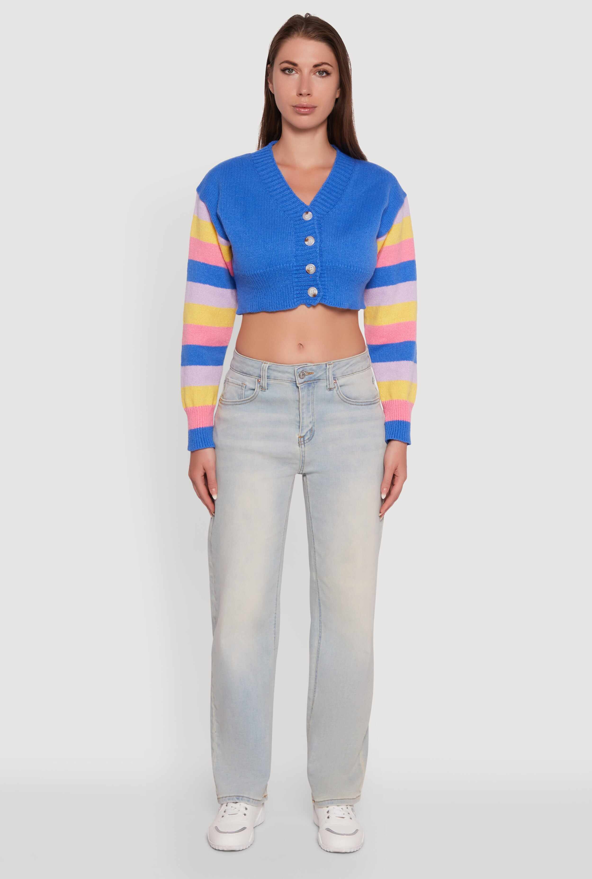 Daisy Color Blocked Striped Sleeve Cropped Cardigan