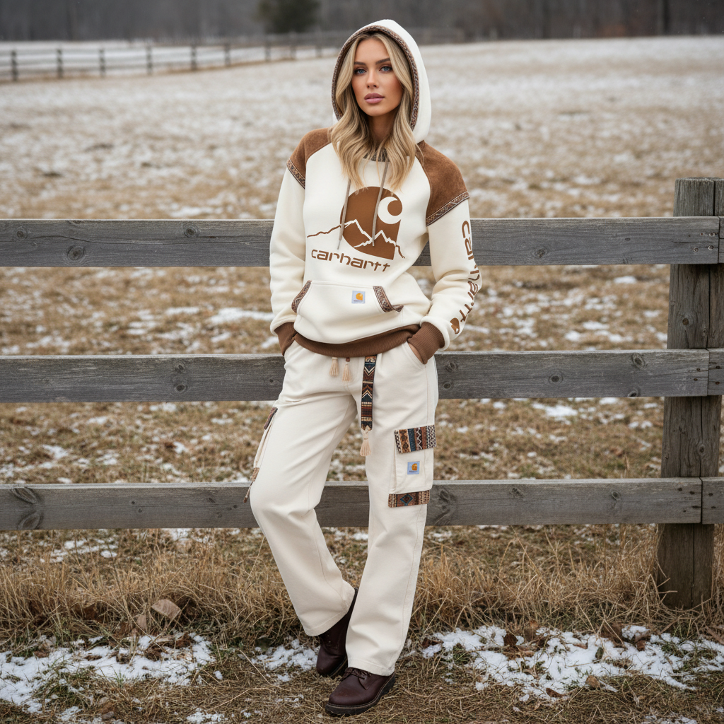 Women's Retro Ethnic Style Stand Collar Hooded Sweatshirt set