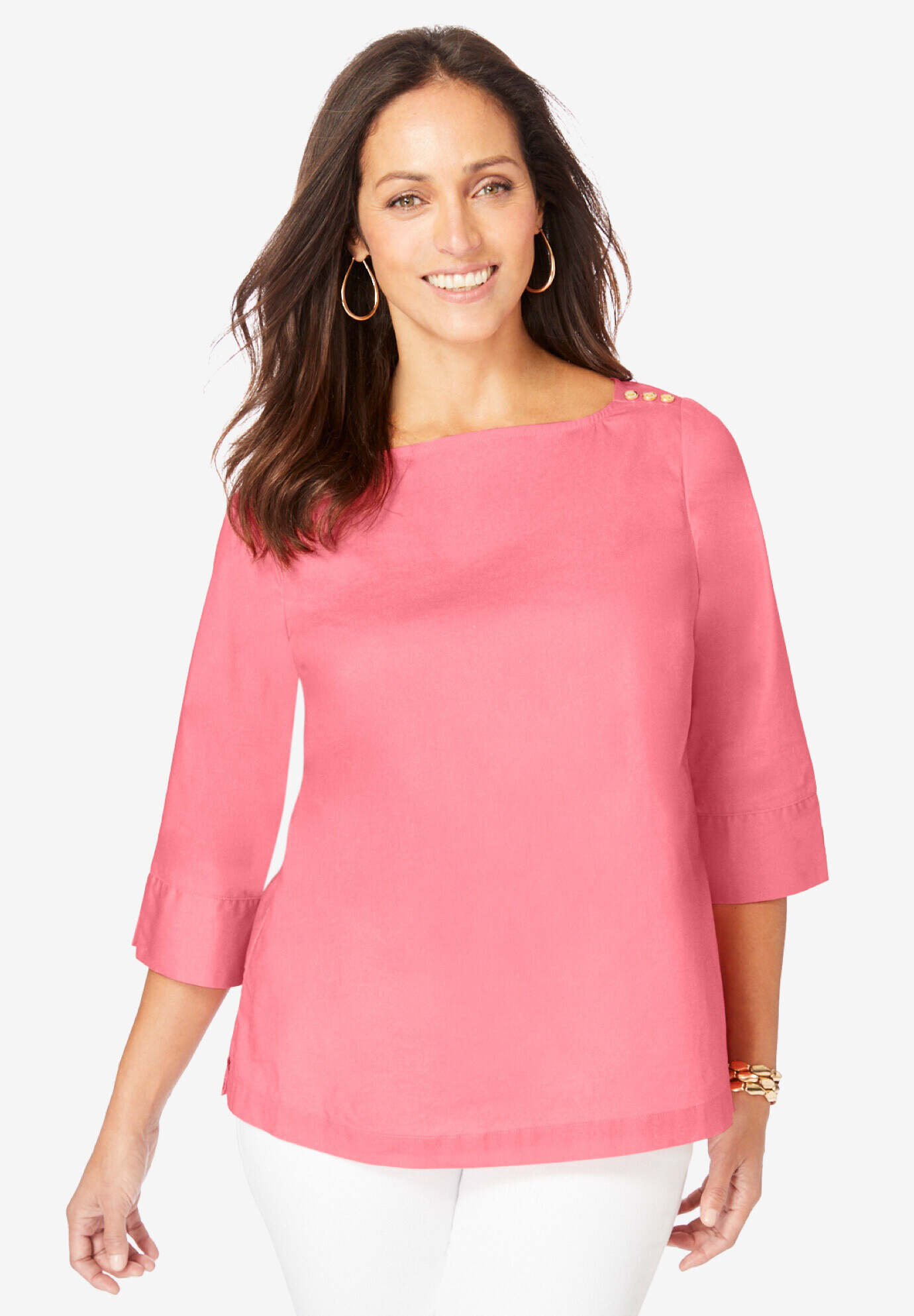 Stretch Poplin Button Boatneck Tunic
