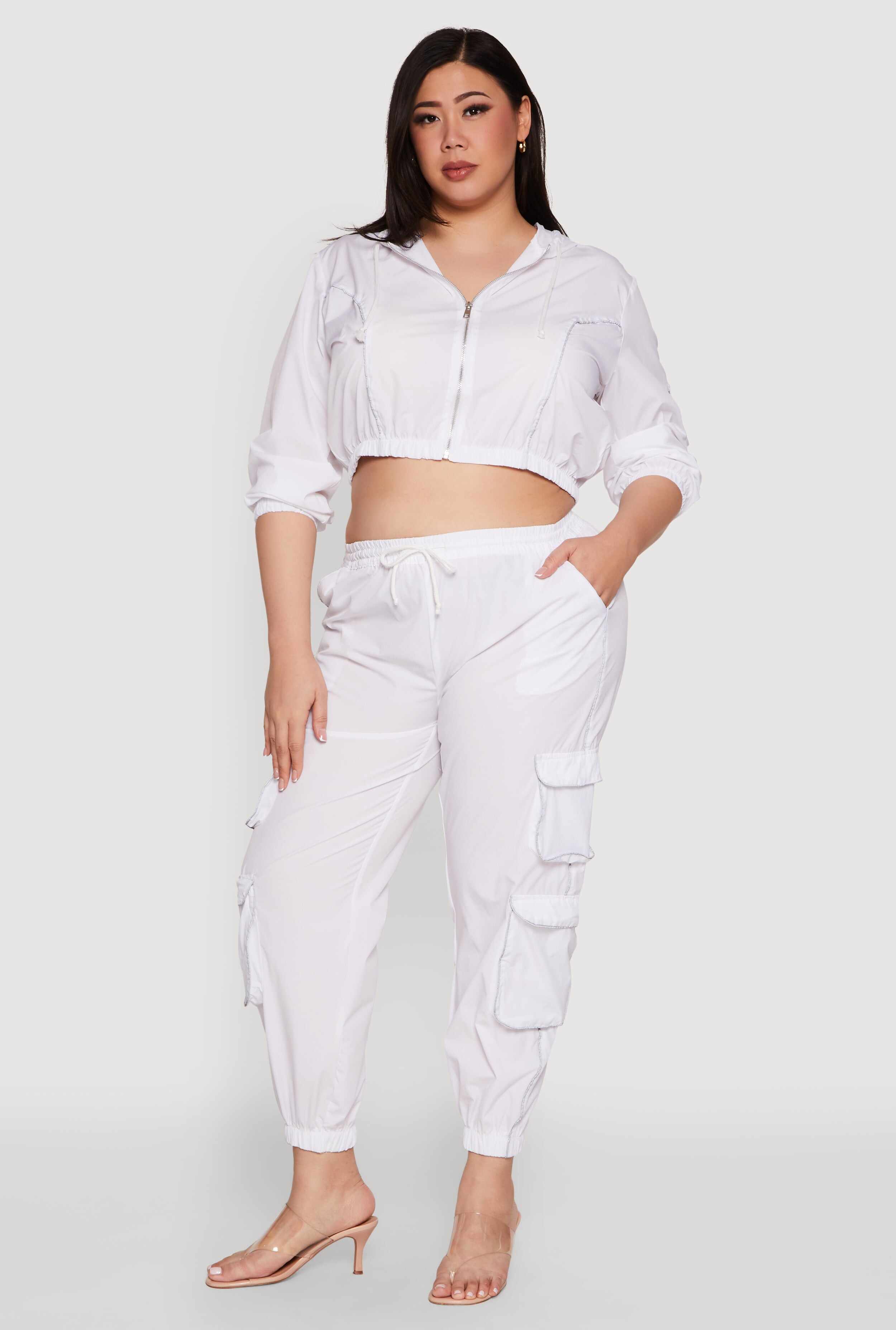 Plus Size Cargo Pocket Sleeve Cropped Track Jacket