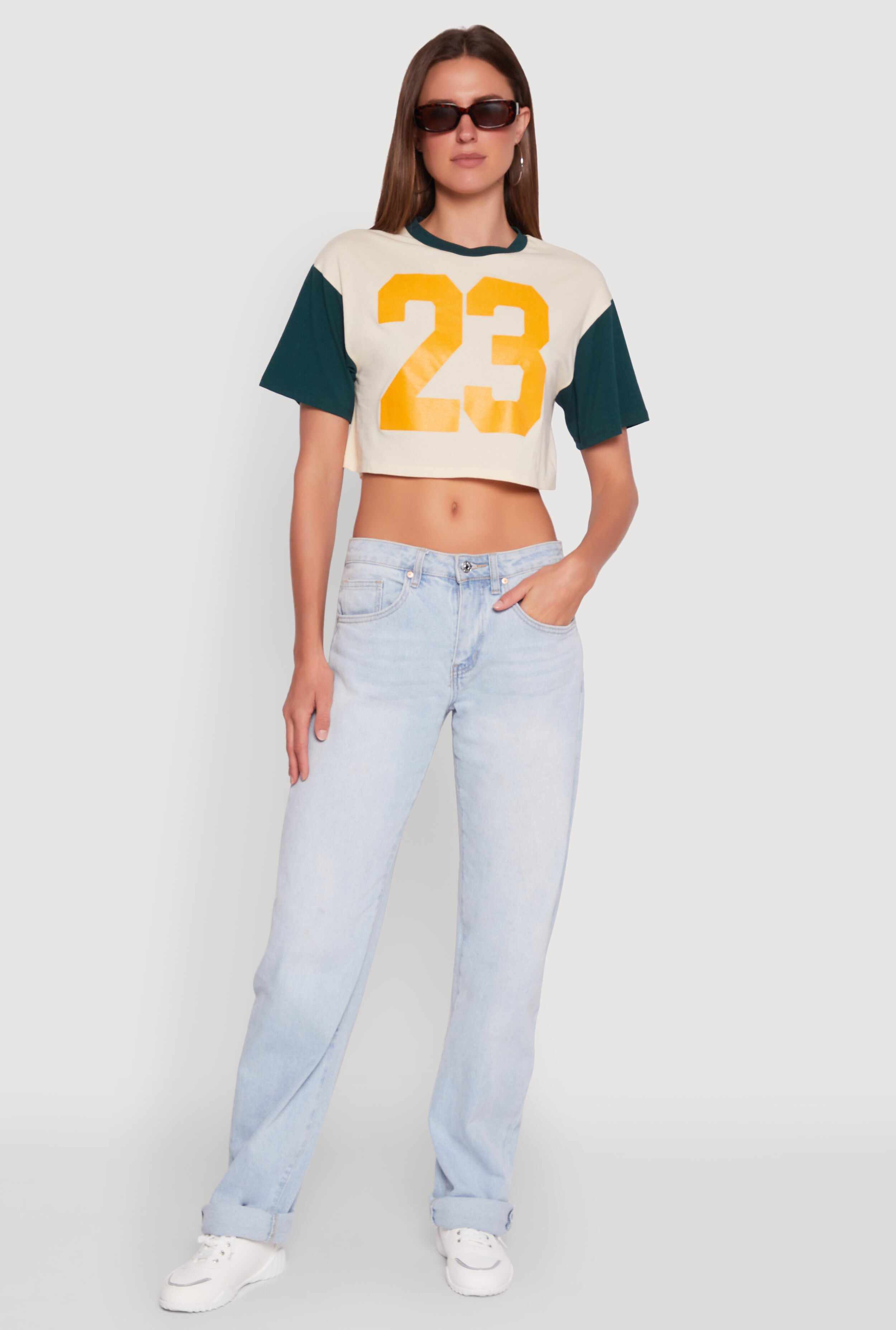 Trendy 23 Graphic Crew Neck Cropped Baseball Tee