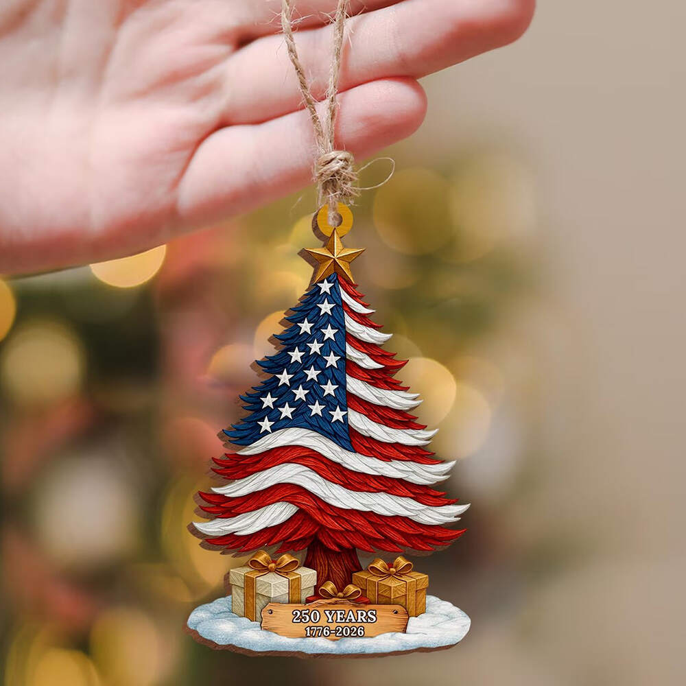 250 Years of America Patriotic Christmas Tree Wooden Ornament
