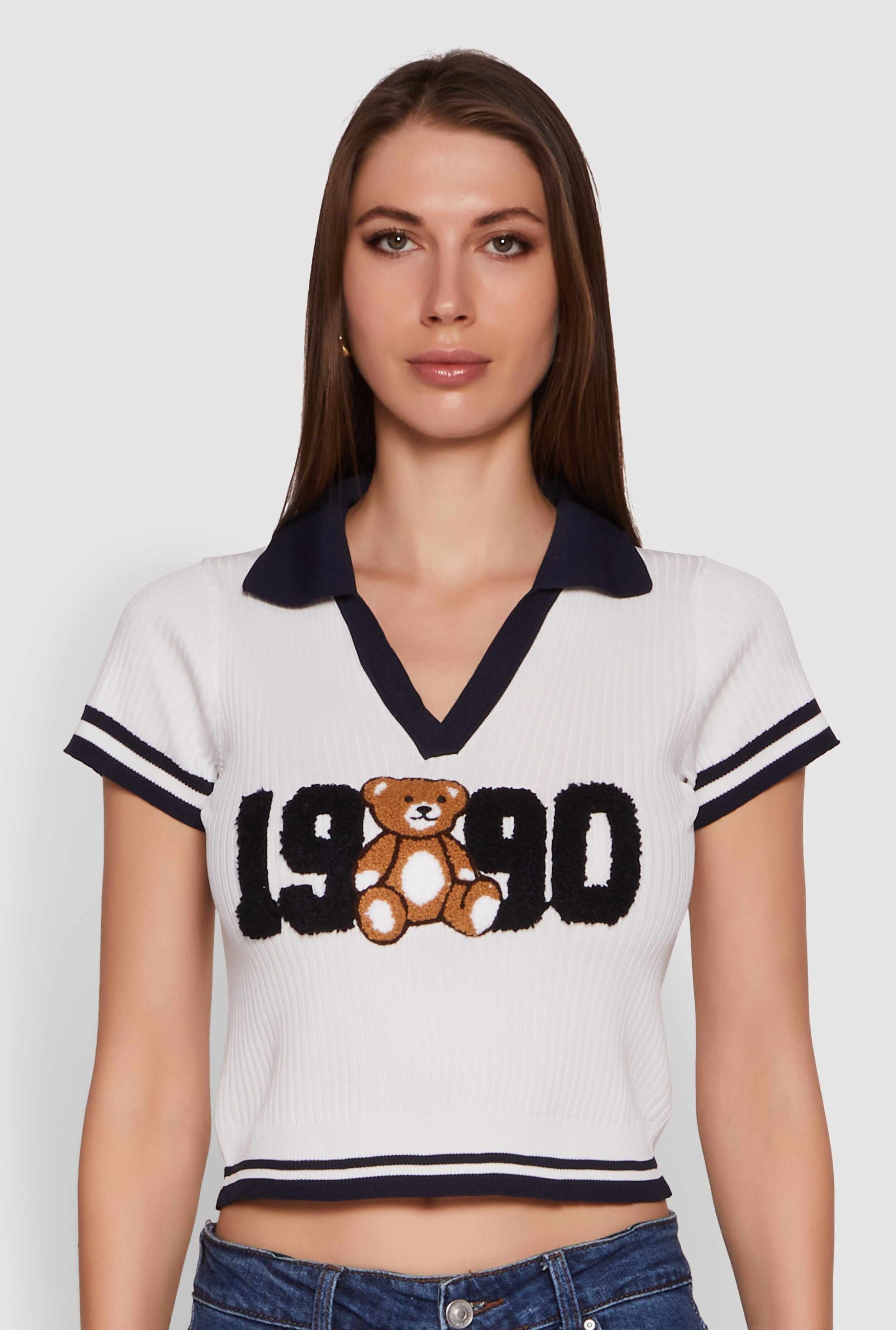 Varsity Striped Embroidered 1990 Bear Graphic Polo Shirt