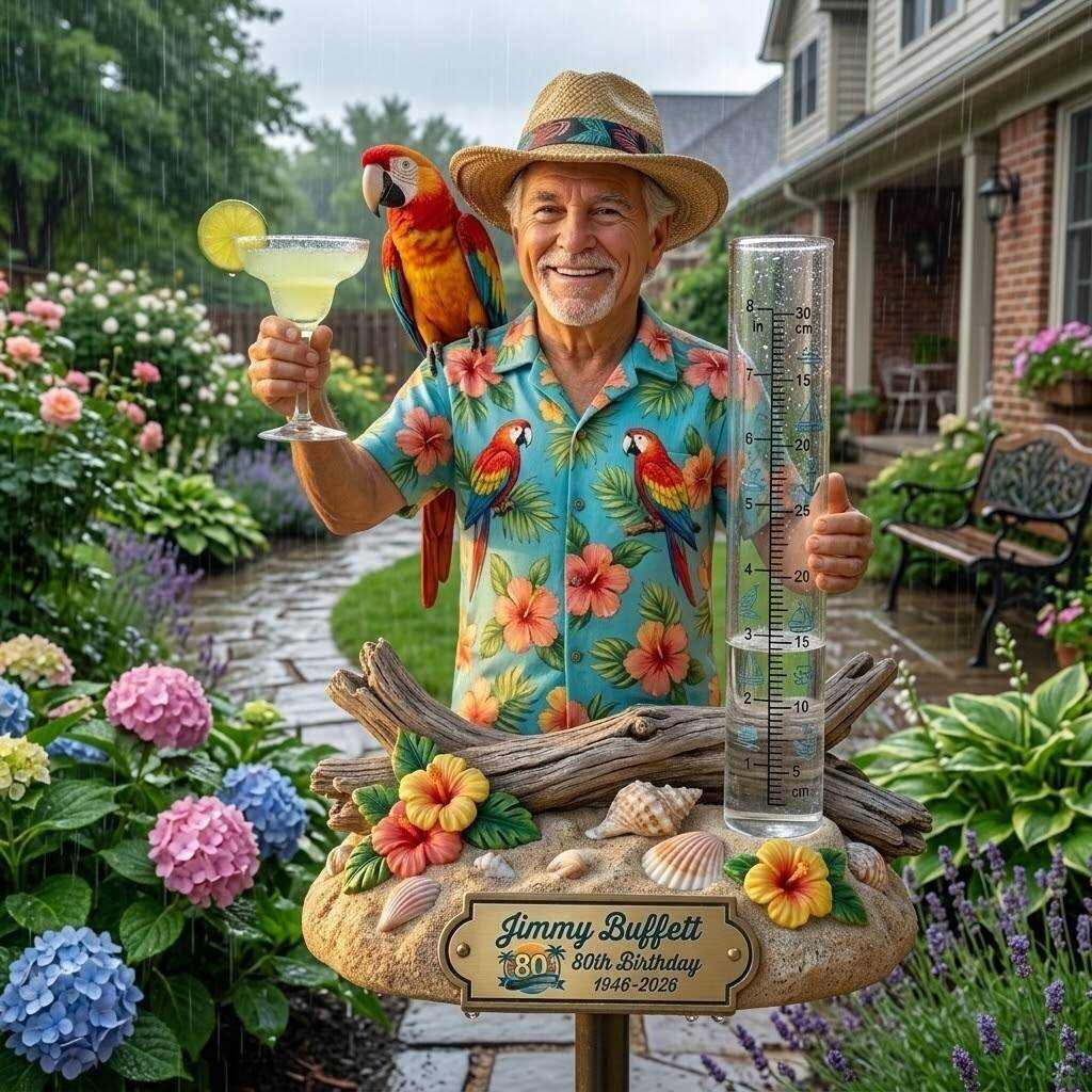 Jimmy Buffett 80th Birthday Rain Gauge Garden Stake
