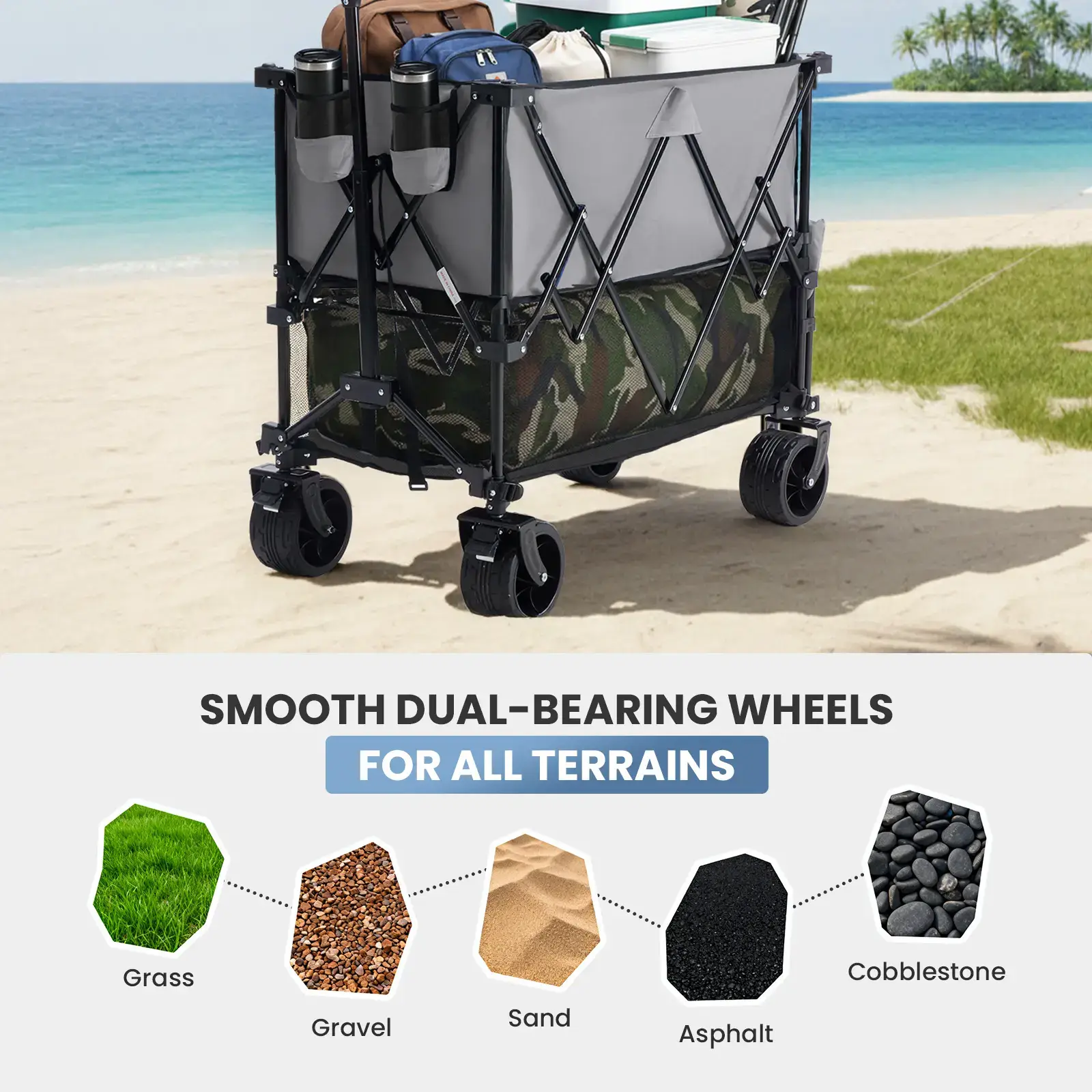 Large Capacity Folding Double Decker Wagon with Brakes, 440 lbs Wagons Carts Foldable Wagon Cart with Flexible Handle, All-Terrain Big Wheels for Grocery Sports Garden Camping