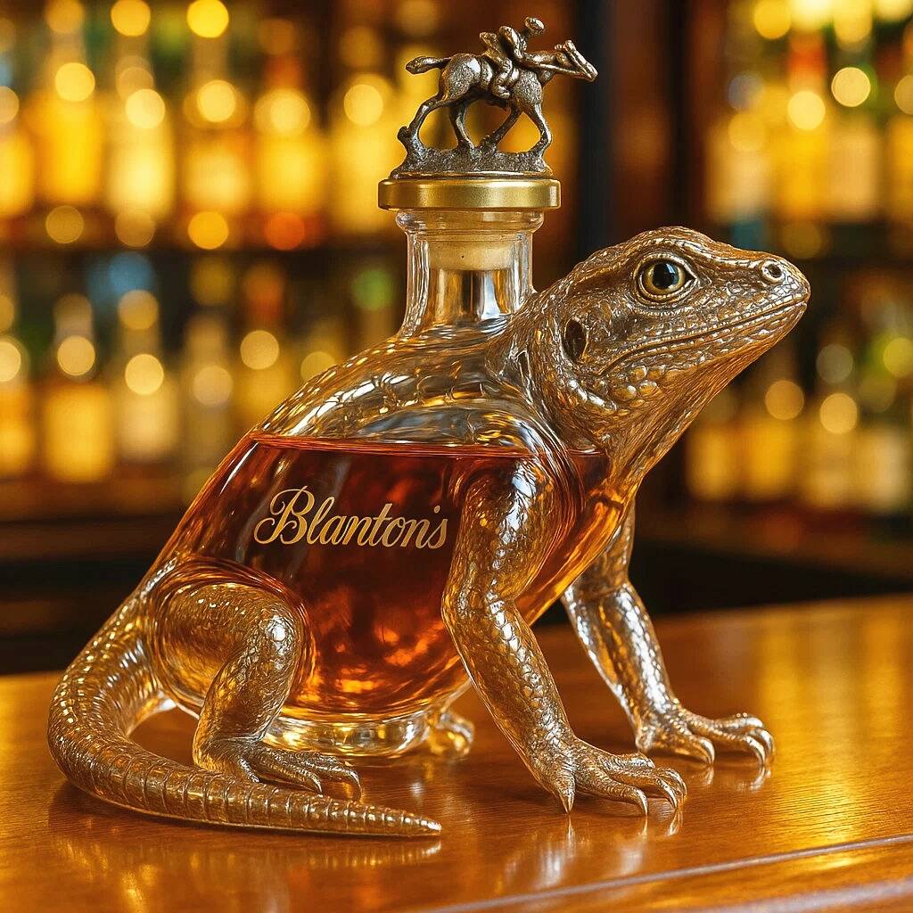 Lizard crawls pet whiskey bottle