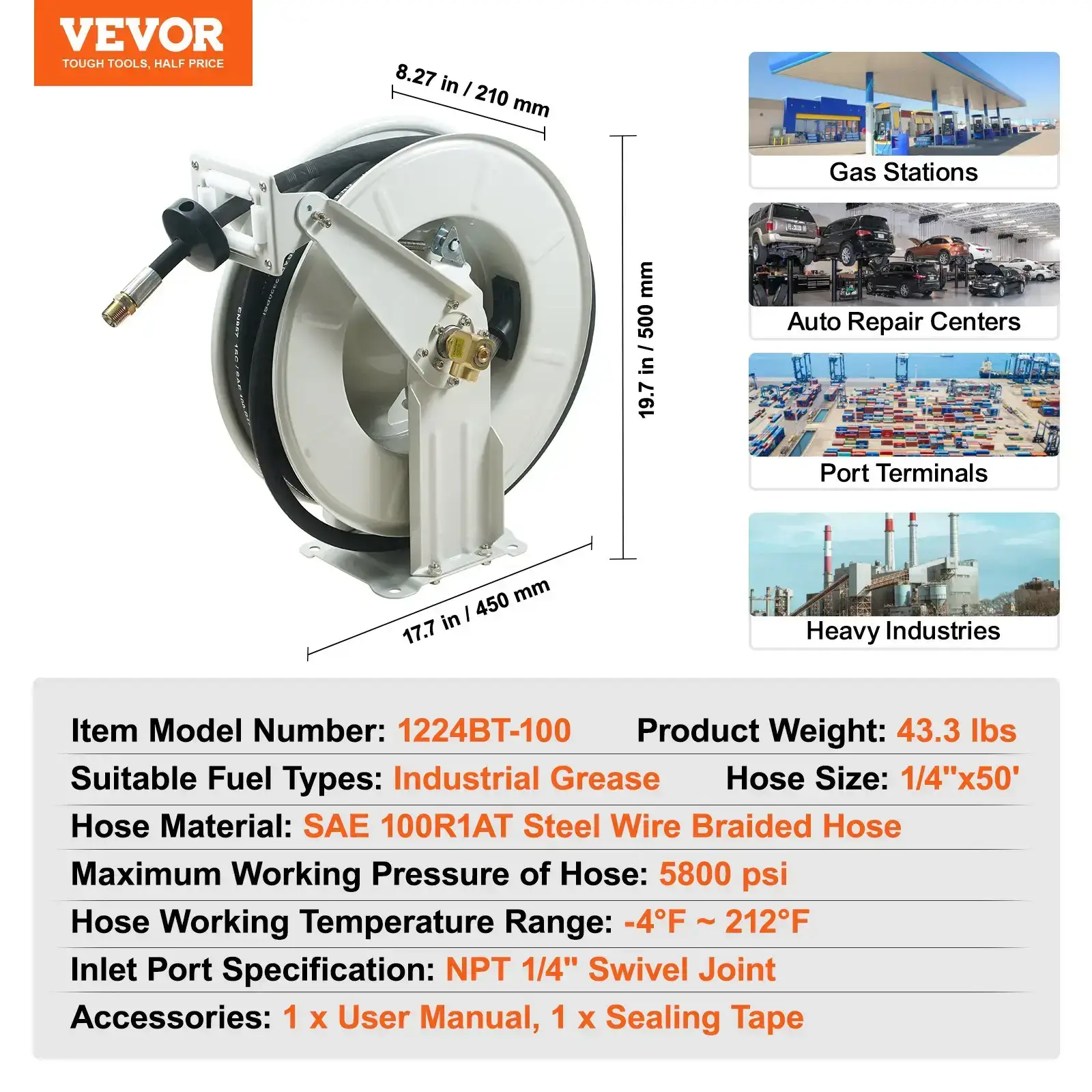 Fuel Hose Reel, Summervibes,Extra Long Retractable Diesel Hose Reel, Heavy-Duty Carbon Steel Construction with Automatic Fuel Nozzle, NBR Rubber Hose for Aircraft Ship Vehicle Tank Truck, 300PSI