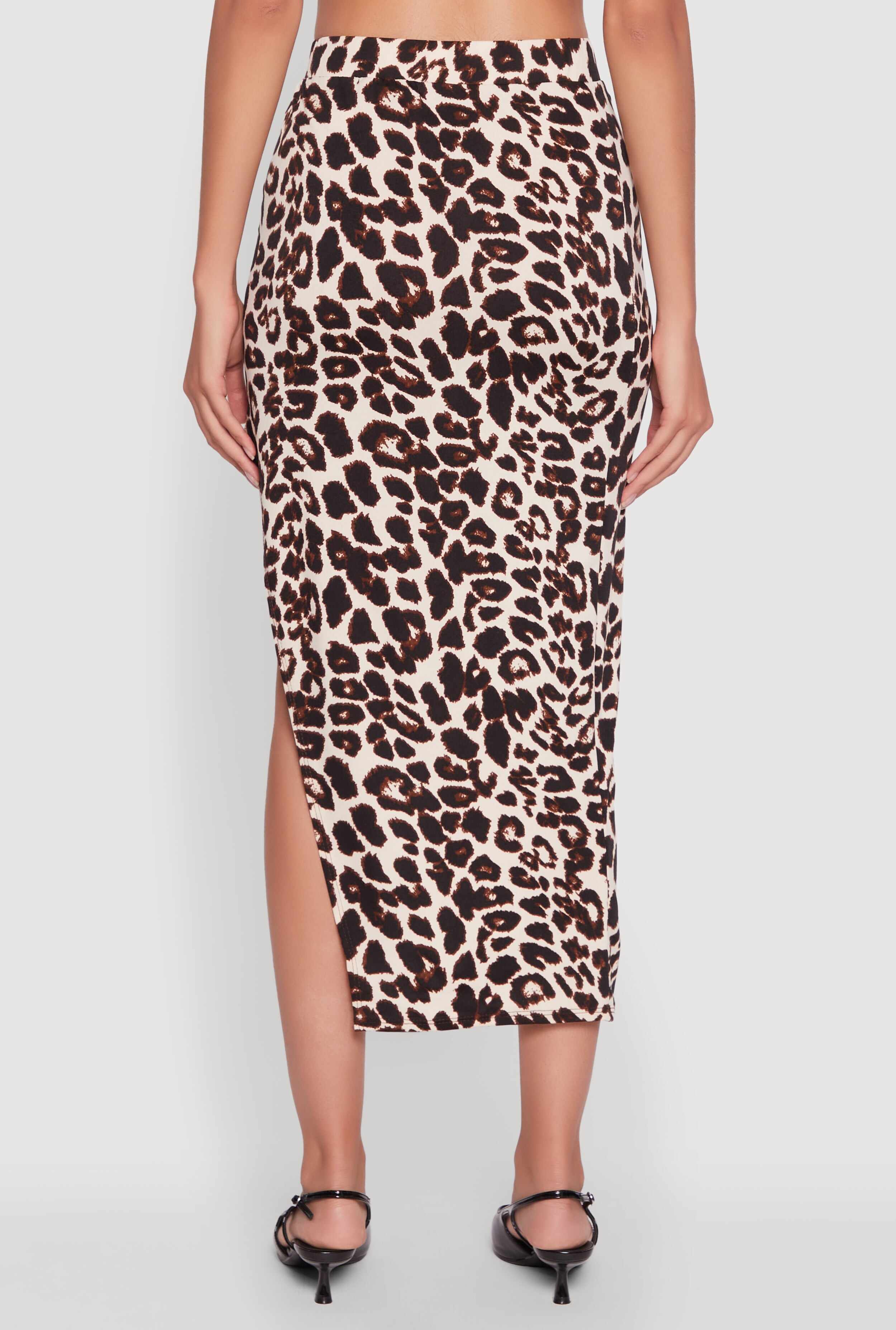 Trendy Leopard Print Side Slit High Waisted Skirt